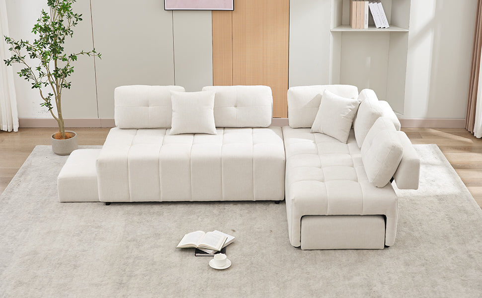 91.73" L-shaped Sofa Sectional Sofa Couch with 2 Stools and 2 Lumbar Pillows for Living Room, Beige Sensual Secret Boutique