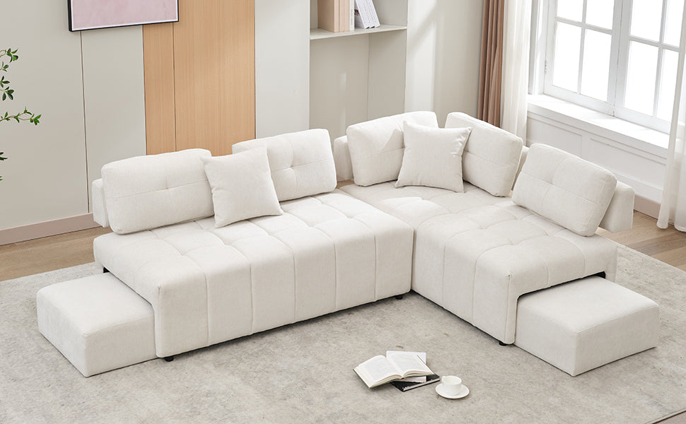 91.73" L-shaped Sofa Sectional Sofa Couch with 2 Stools and 2 Lumbar Pillows for Living Room, Beige Sensual Secret Boutique