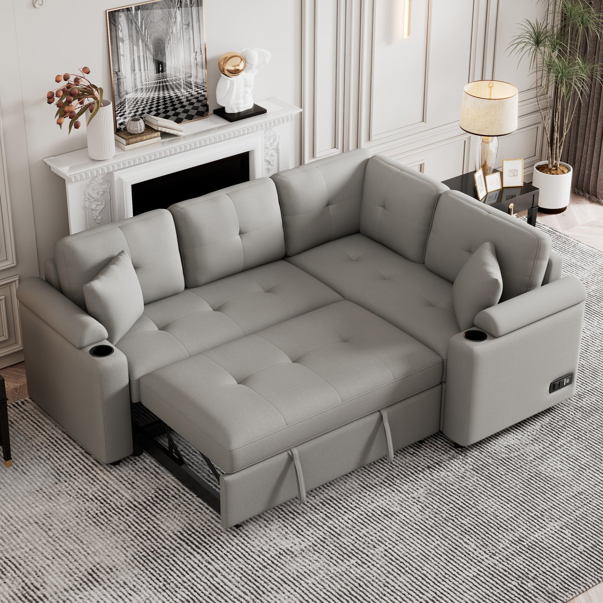 87.4" L-shape Sofa Bed Pull-out Sleeper Sofa with Wheels, USB Ports, Power Sockets for Living Room, Grey Sensual Secret Boutique