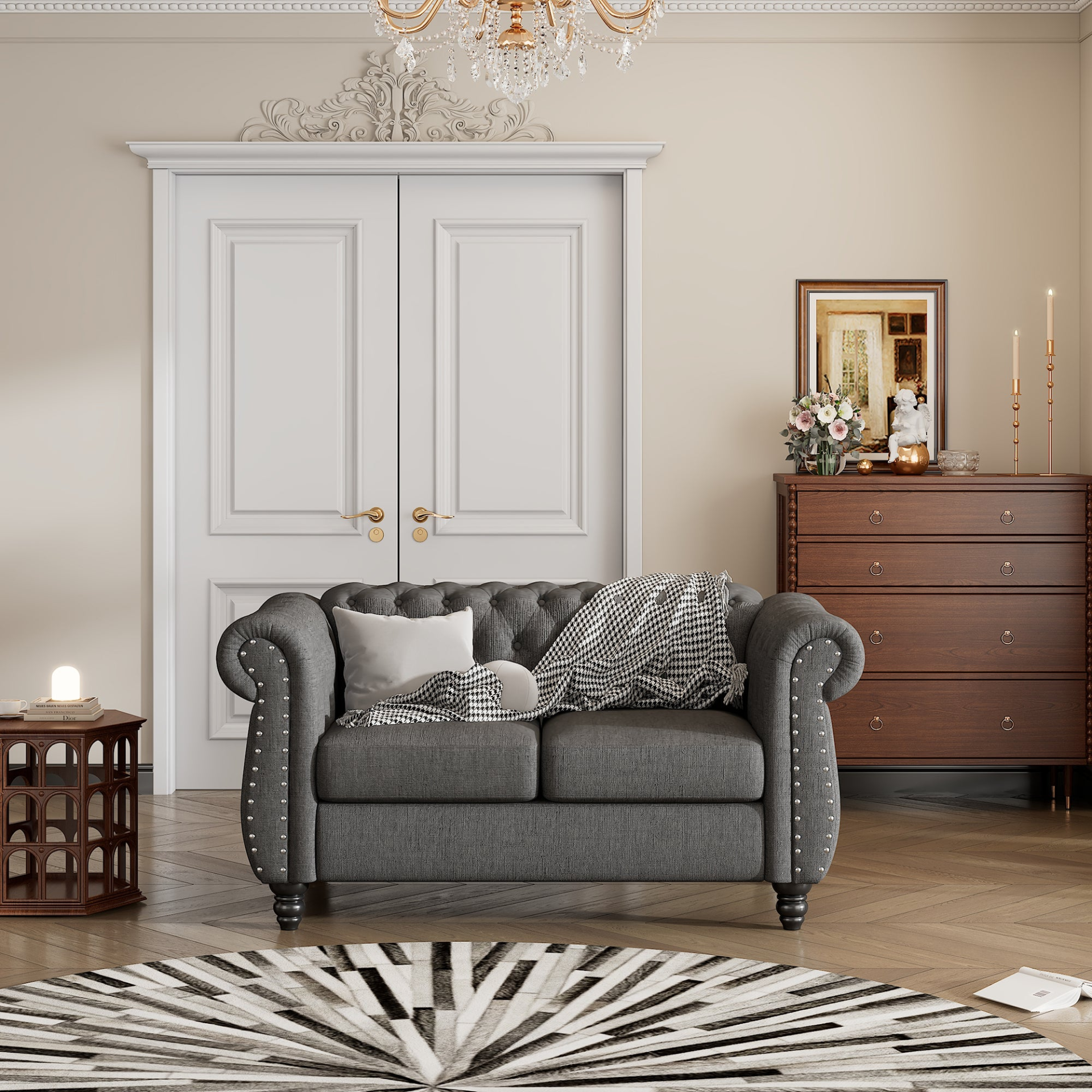 60" Modern Sofa Dutch Plush Upholstered Sofa, Solid Wood Legs, Buttoned Tufted Backrest, Gray Sensual Secret Boutique