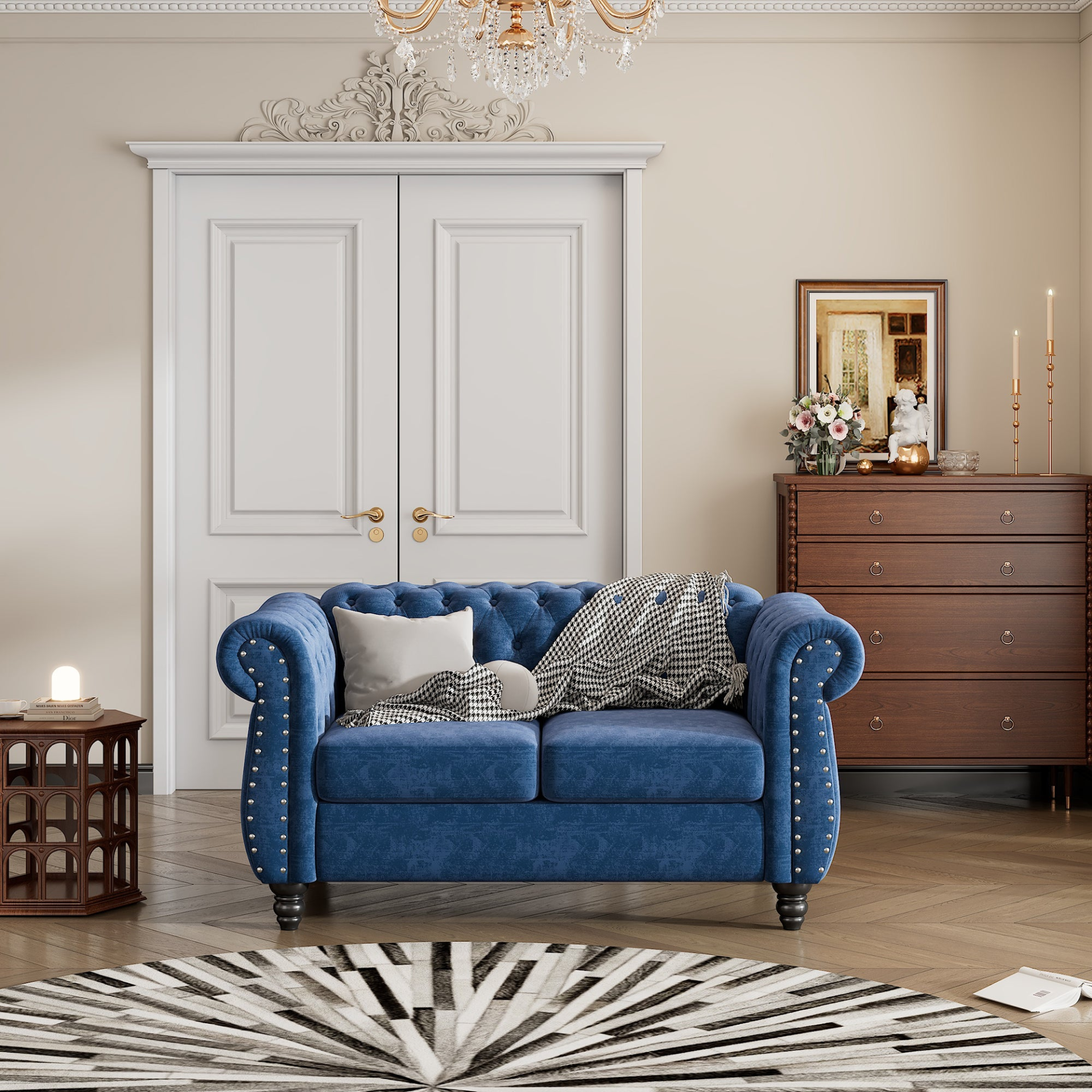 60" Modern Sofa Dutch Plush Upholstered Sofa, Solid Wood Legs, Buttoned Tufted Backrest, Blue Sensual Secret Boutique