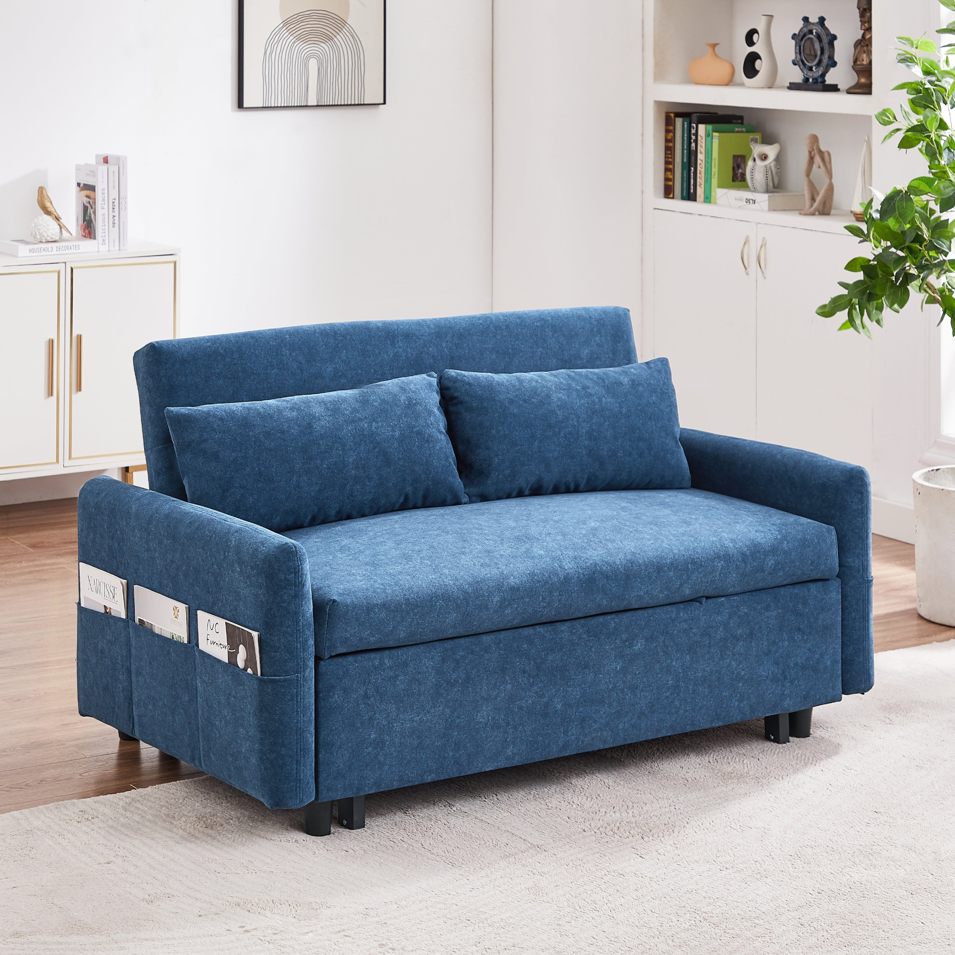 55.1" Pull Out Sleep Sofa Bed Loveseats Sofa Couch with Adjsutable Backrest, Storage Pockets, 2 Soft Pillows, USB Ports - Blue Sensual Secret Boutique