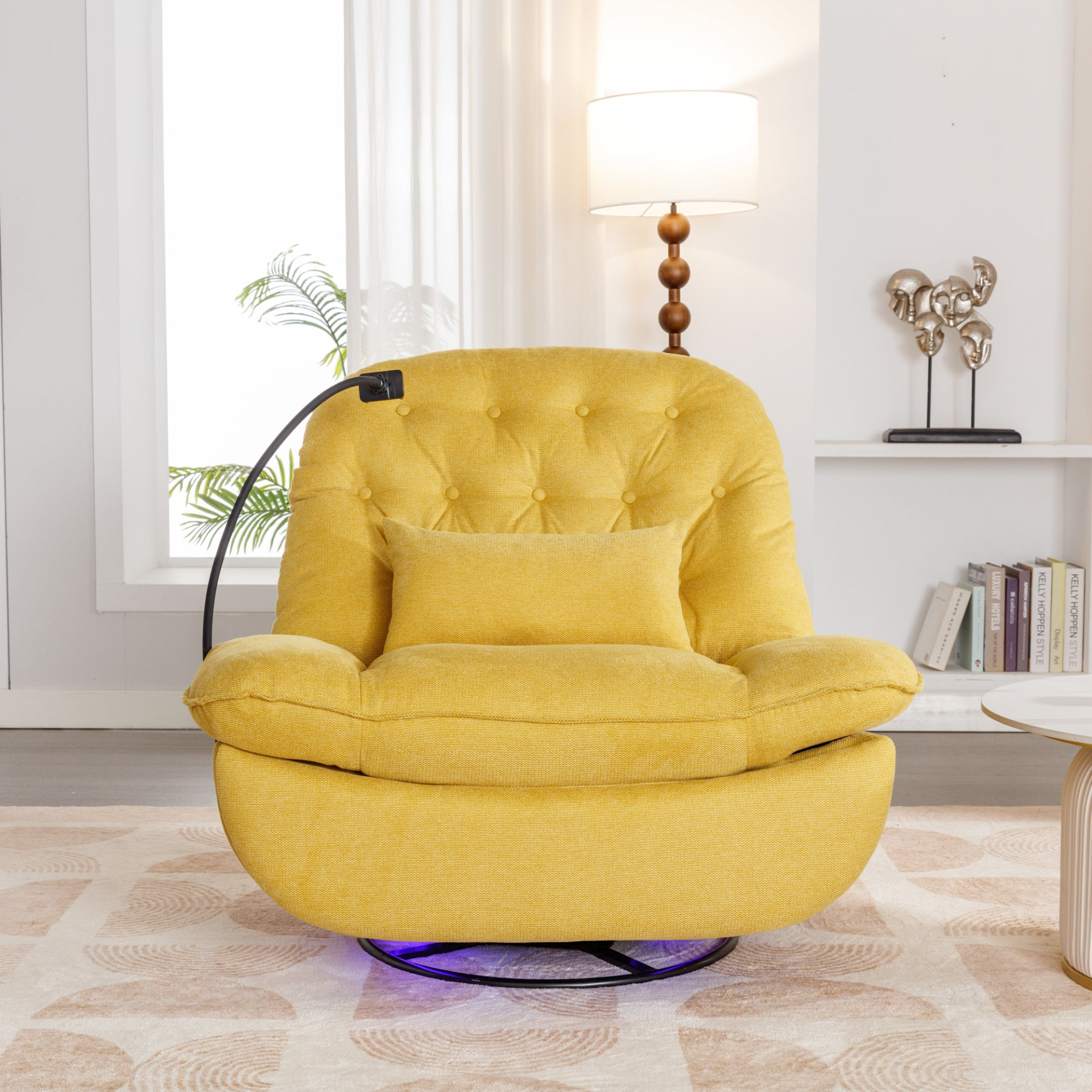 270 Degree Swivel Power Recliner with Voice Control, Bluetooth Music Player, USB Ports, Atmosphere Lamp, Hidden Arm Storage and Mobile Phone Holder - Yellow Sensual Secret Boutique