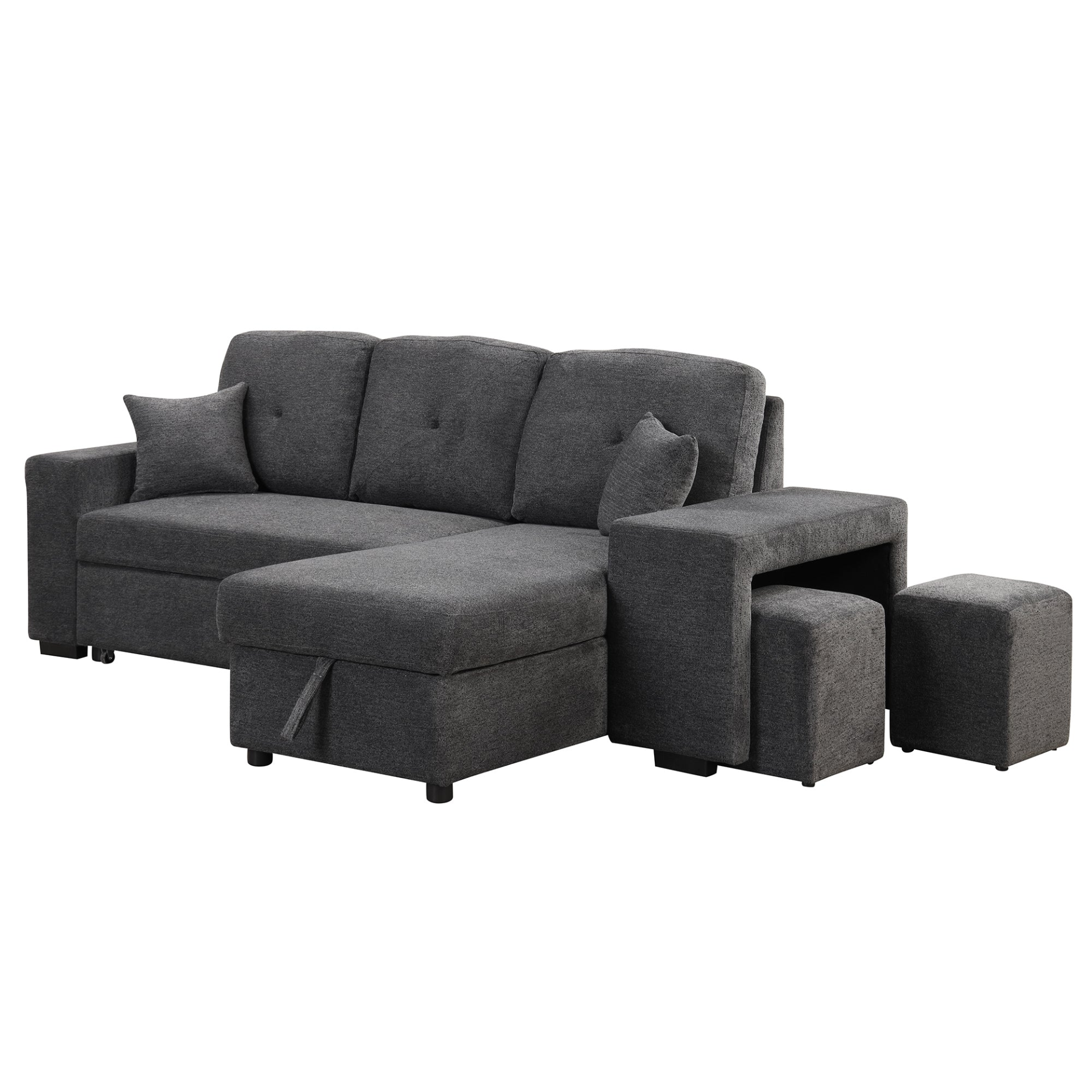 Reversible Sleeper Sectional Sofa Bed with Side Shelf and 2 Stools - Blue Black Sensual Secret Boutique