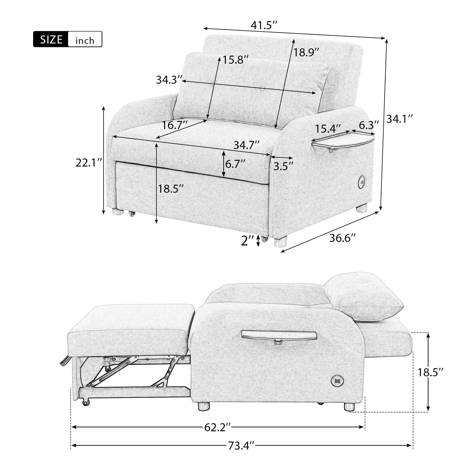 Pull Out Sofa Sleeper 3 in 1 with 2 Wing Table and USB Charge - Grey Sensual Secret Boutique