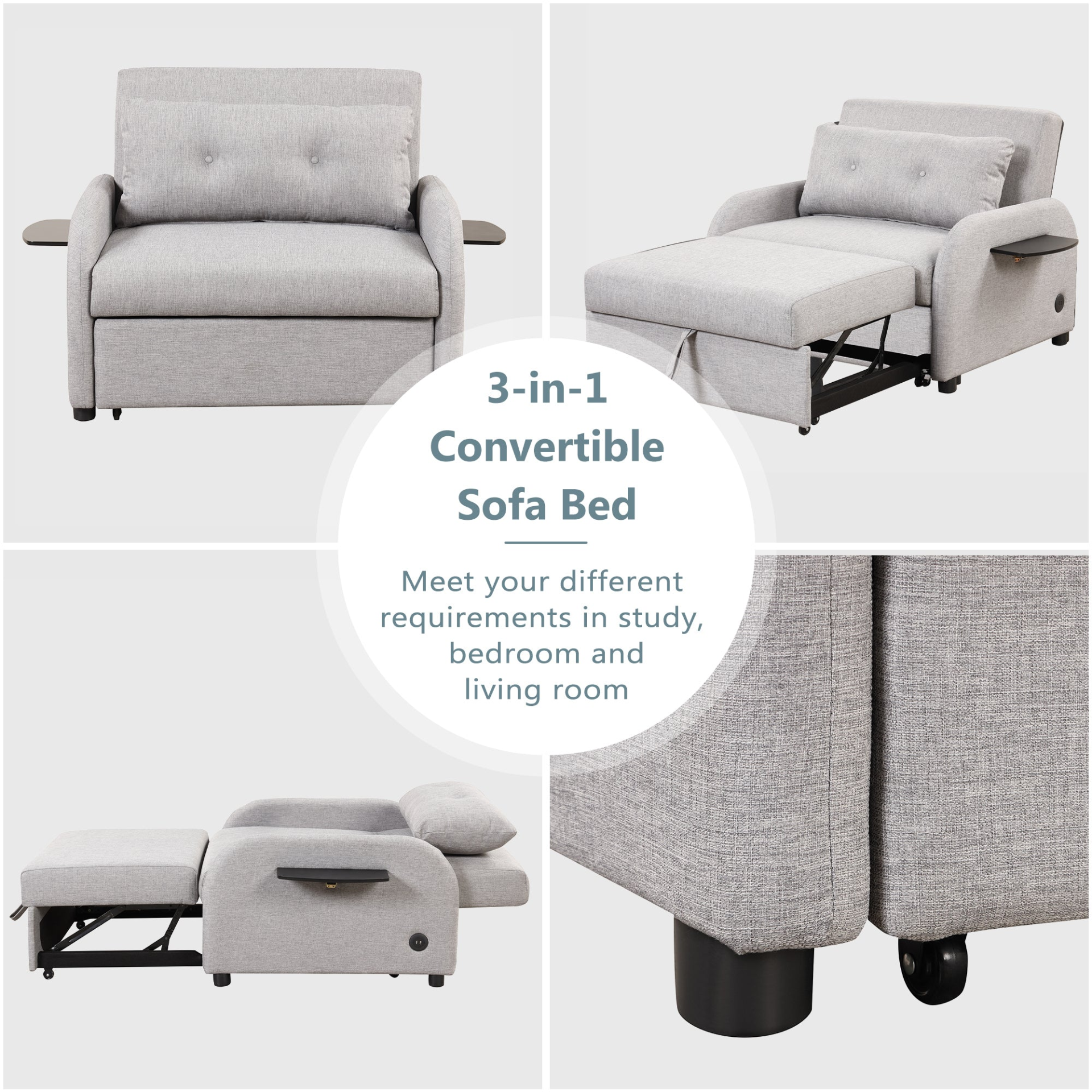 Pull Out Sofa Sleeper 3 in 1 with 2 Wing Table and USB Charge - Grey Sensual Secret Boutique