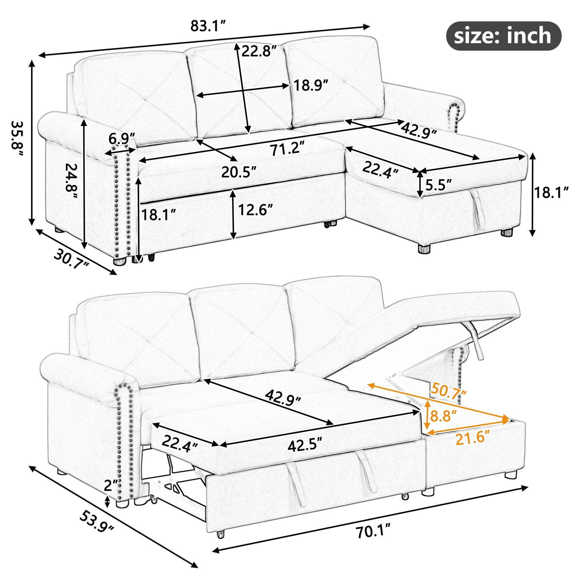 83" Modern Convertible Sleeper Sofa Bed with Storage Chaise, Beige Sensual Secret Boutique