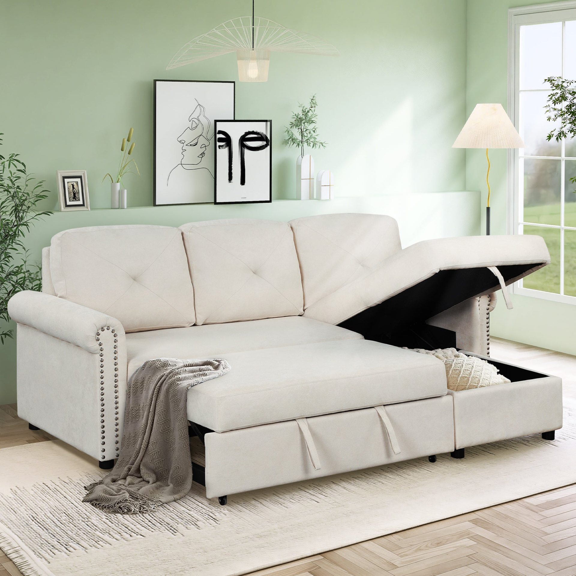 83" Modern Convertible Sleeper Sofa Bed with Storage Chaise, Beige Sensual Secret Boutique