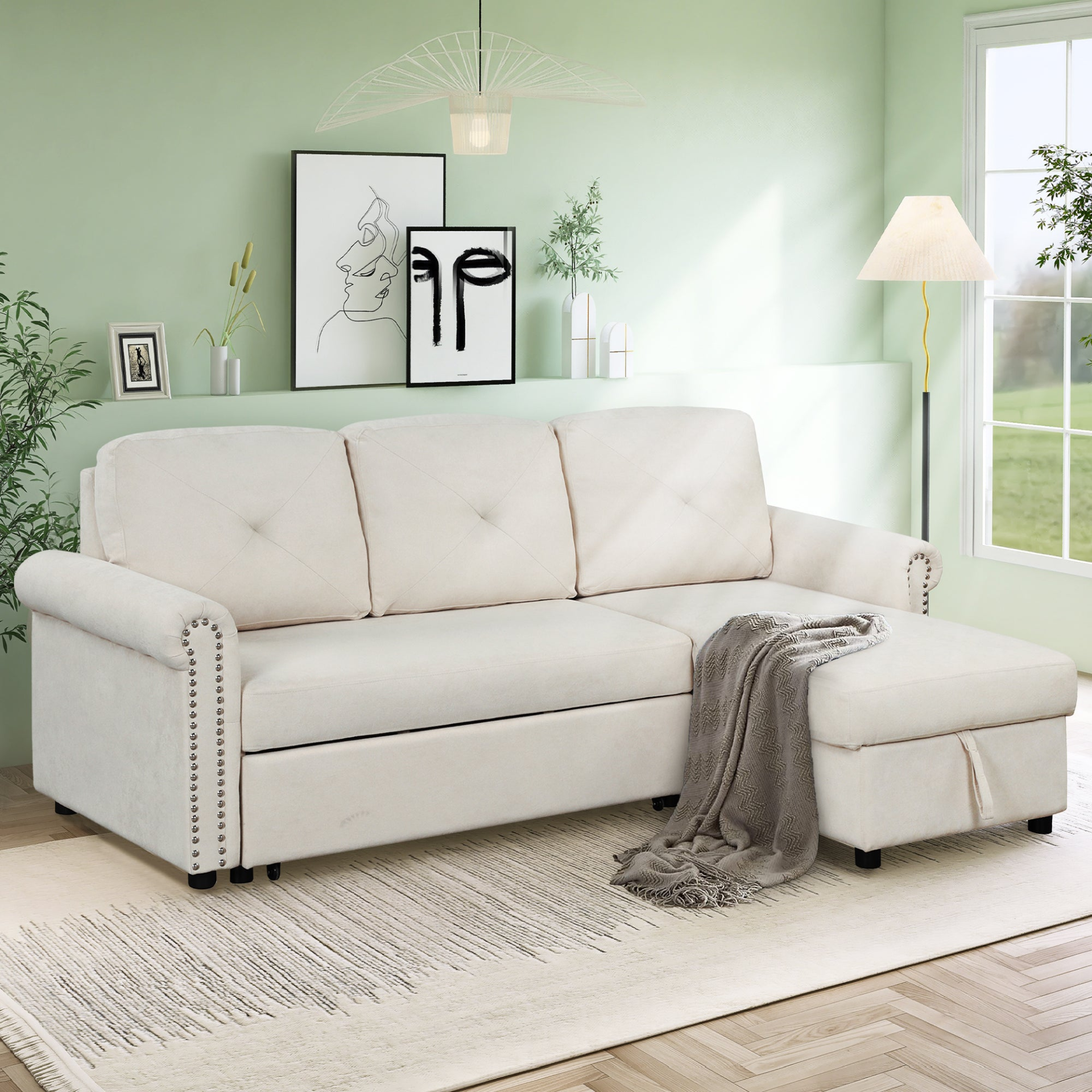 83" Modern Convertible Sleeper Sofa Bed with Storage Chaise, Beige Sensual Secret Boutique