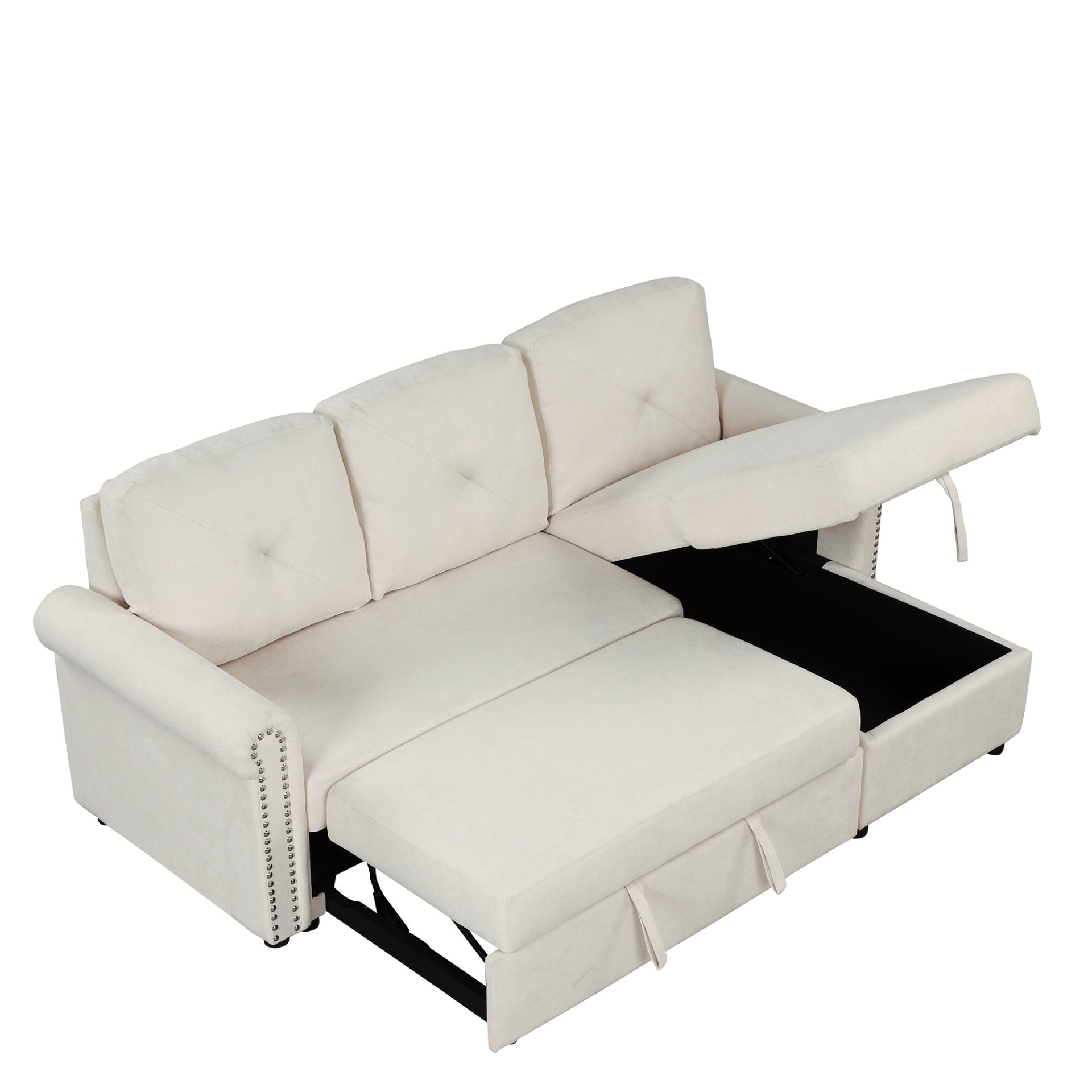 83" Modern Convertible Sleeper Sofa Bed with Storage Chaise, Beige Sensual Secret Boutique