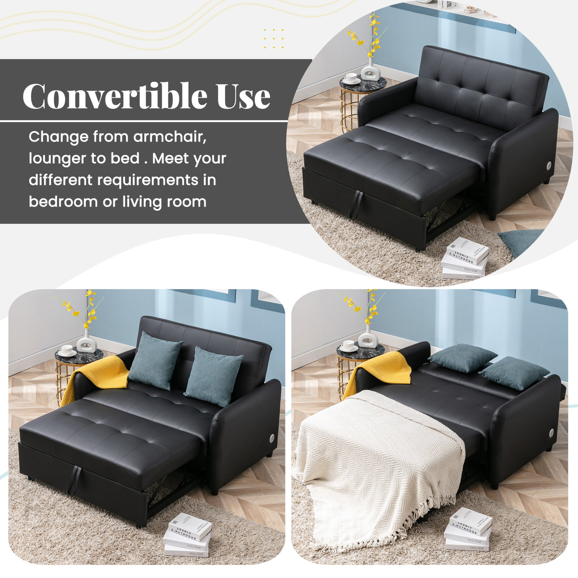 51" Convertible Sleeper Bed, Adjustable Oversized Armchair with Dual USB Ports Sensual Secret Boutique