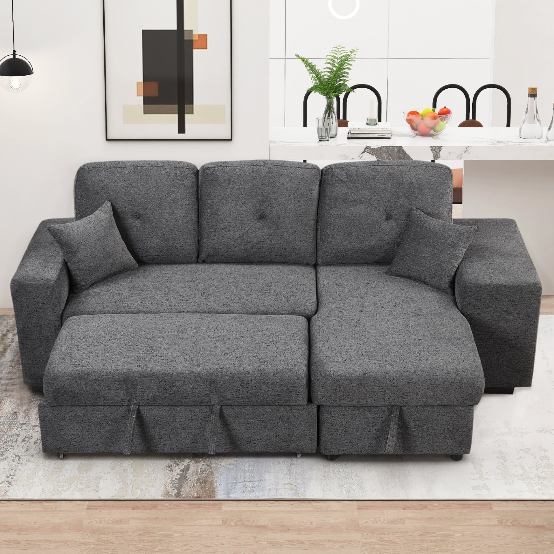 Reversible Sleeper Sectional Sofa Bed with Side Shelf and 2 Stools - Blue Black Sensual Secret Boutique