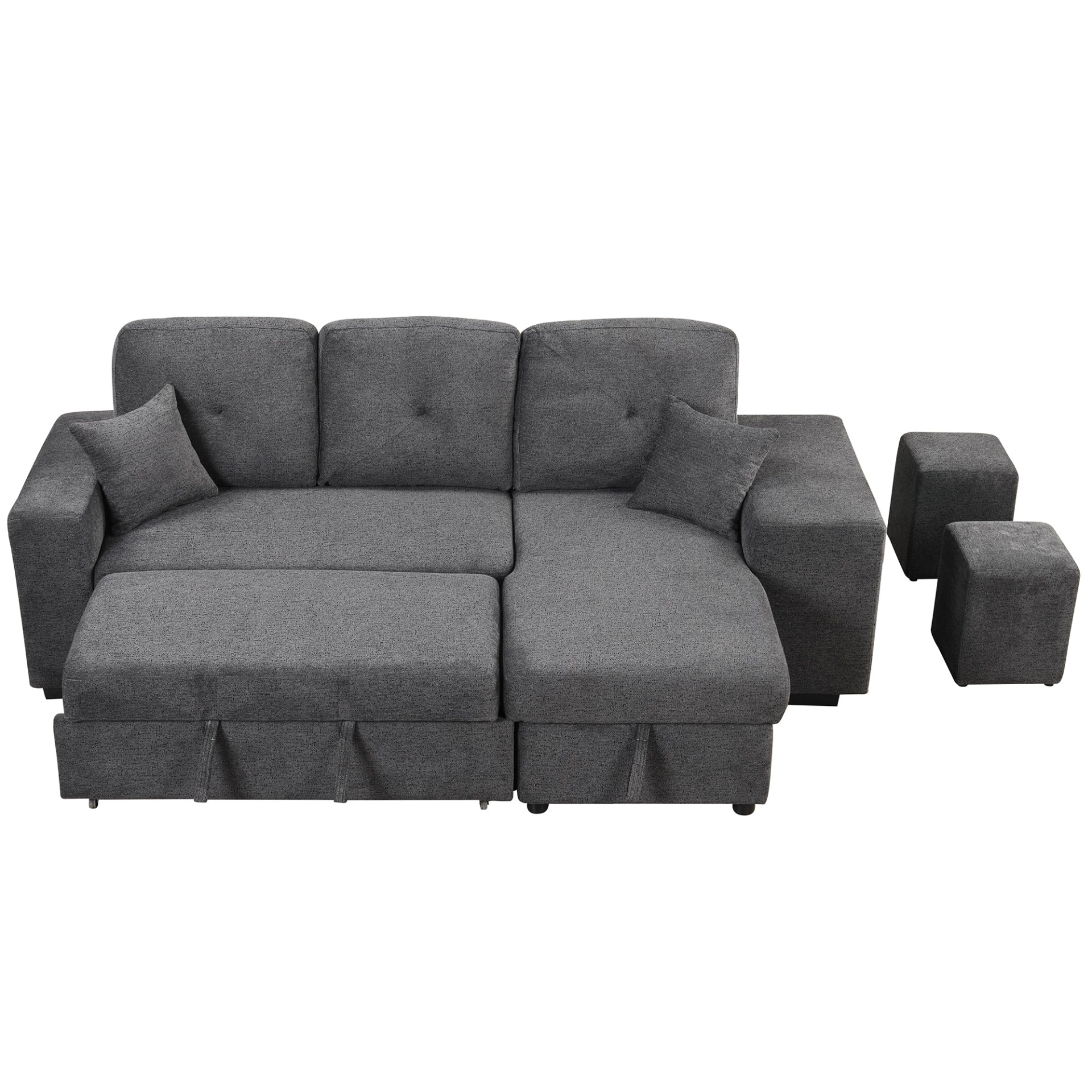 Reversible Sleeper Sectional Sofa Bed with Side Shelf and 2 Stools - Blue Black Sensual Secret Boutique