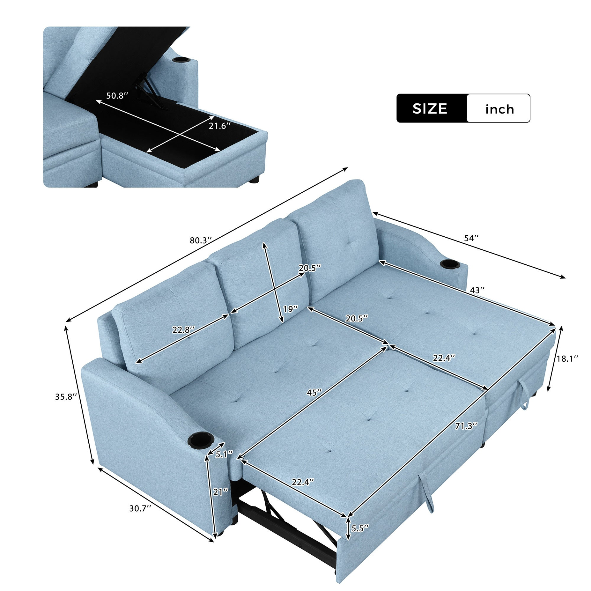 80.3" Pull Out Sofa Bed Modern Padded Upholstered Sofa Bed with Storage Chaise and Cup Holder Sensual Secret Boutique