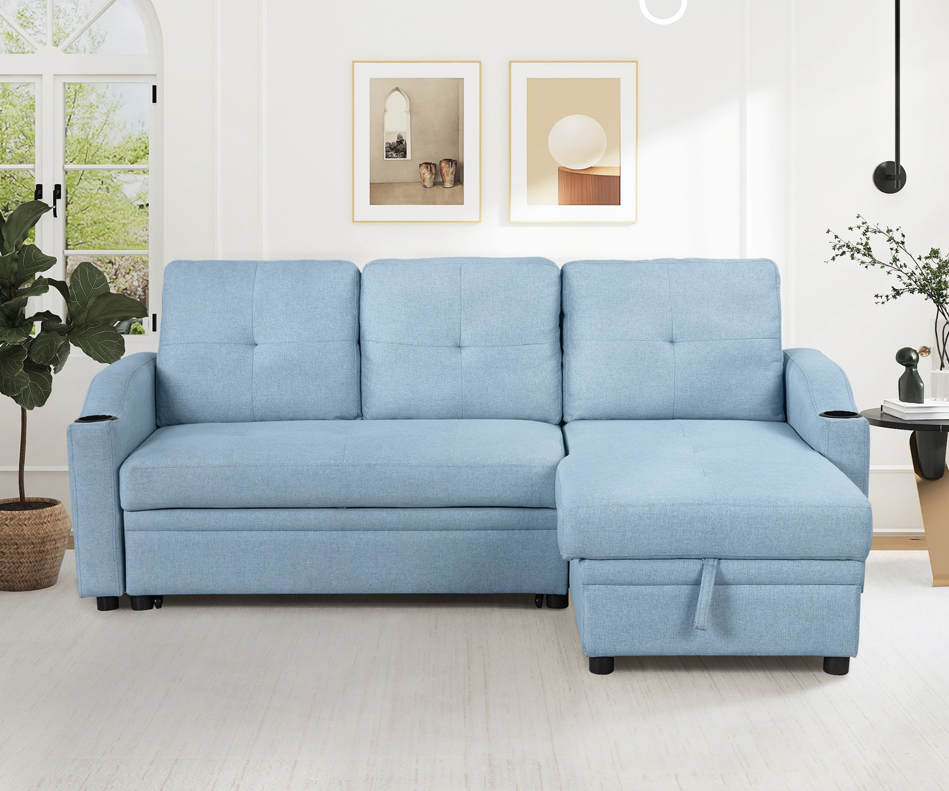 80.3" Pull Out Sofa Bed Modern Padded Upholstered Sofa Bed with Storage Chaise and Cup Holder Sensual Secret Boutique