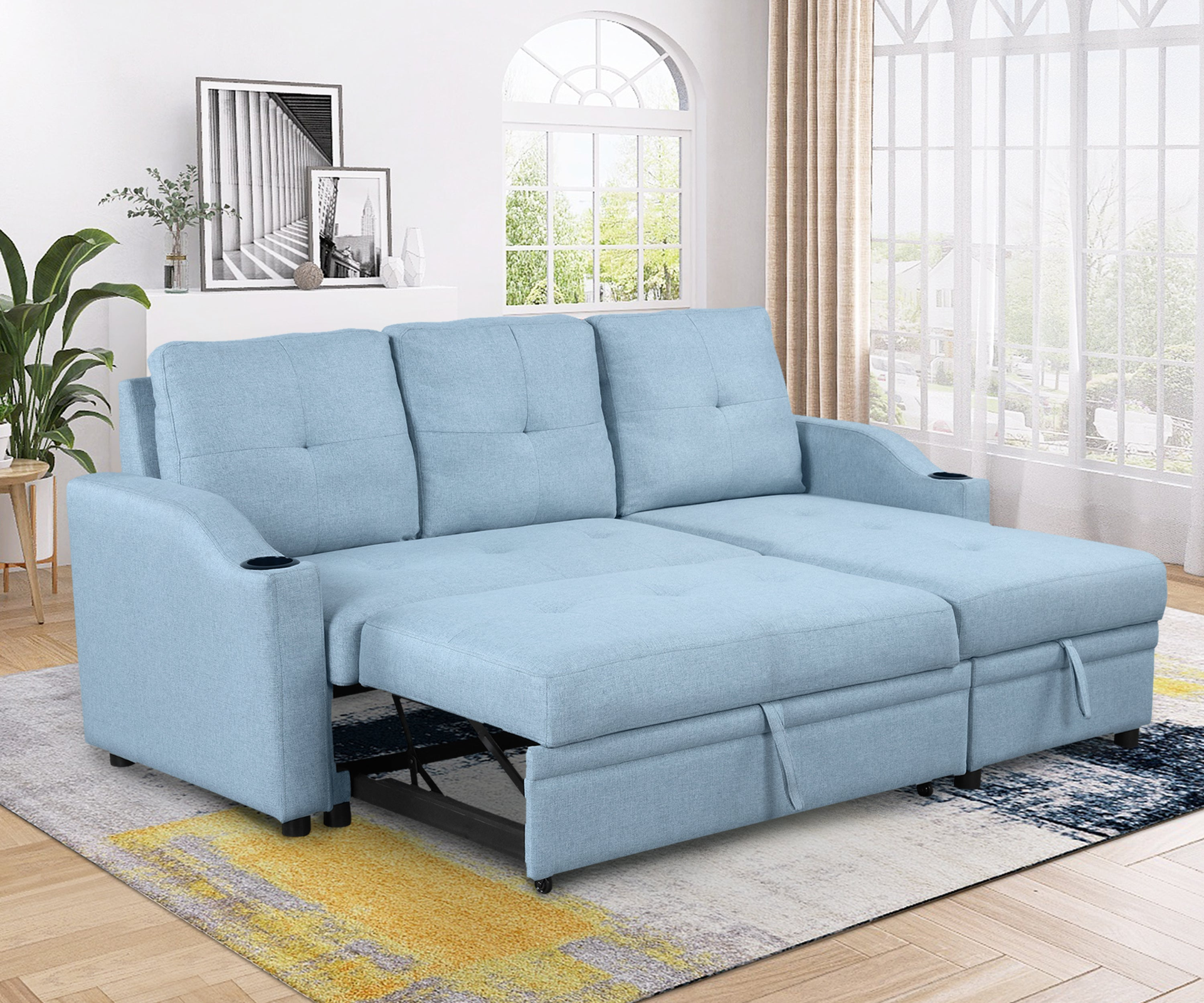 80.3" Pull Out Sofa Bed Modern Padded Upholstered Sofa Bed with Storage Chaise and Cup Holder Sensual Secret Boutique