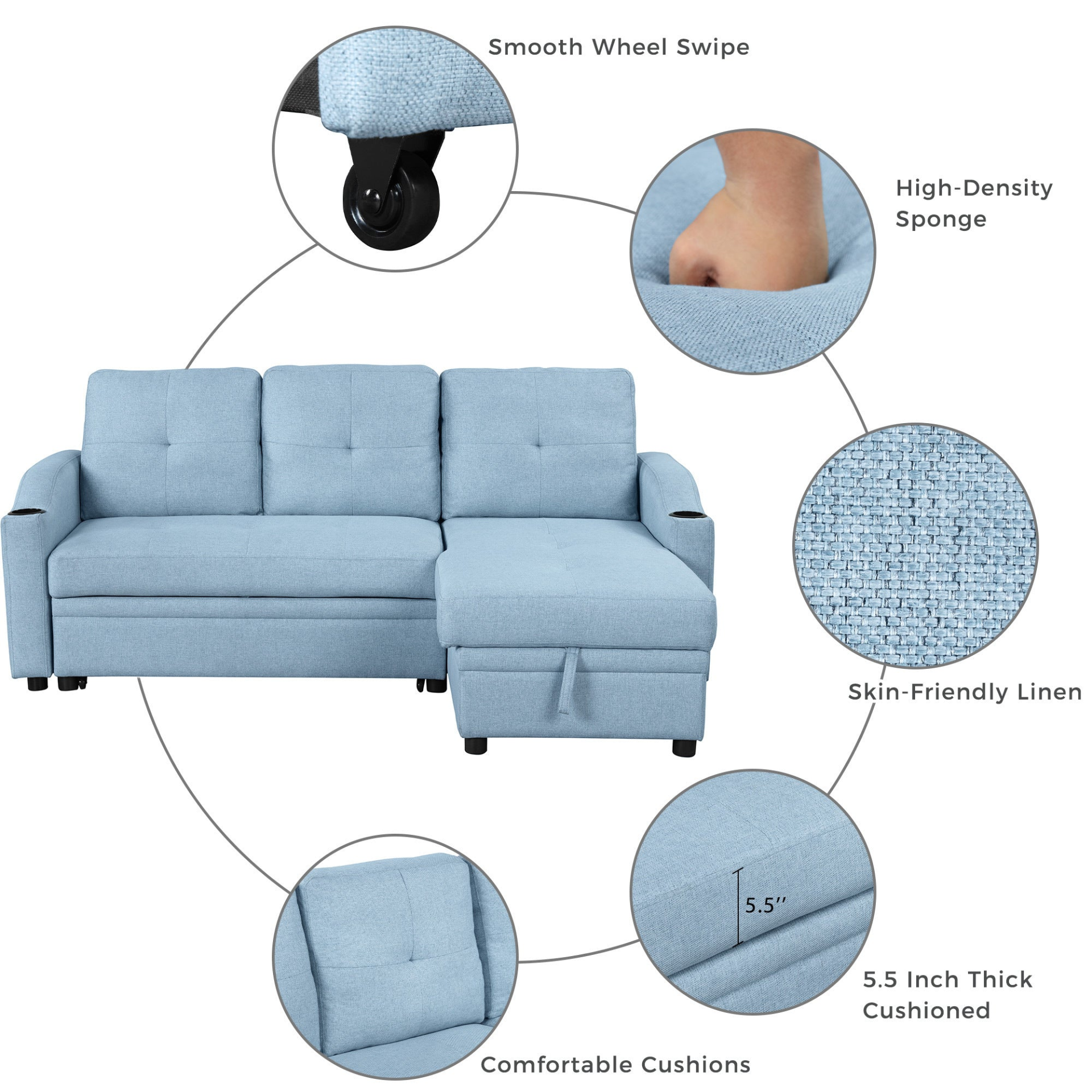 80.3" Pull Out Sofa Bed Modern Padded Upholstered Sofa Bed with Storage Chaise and Cup Holder Sensual Secret Boutique