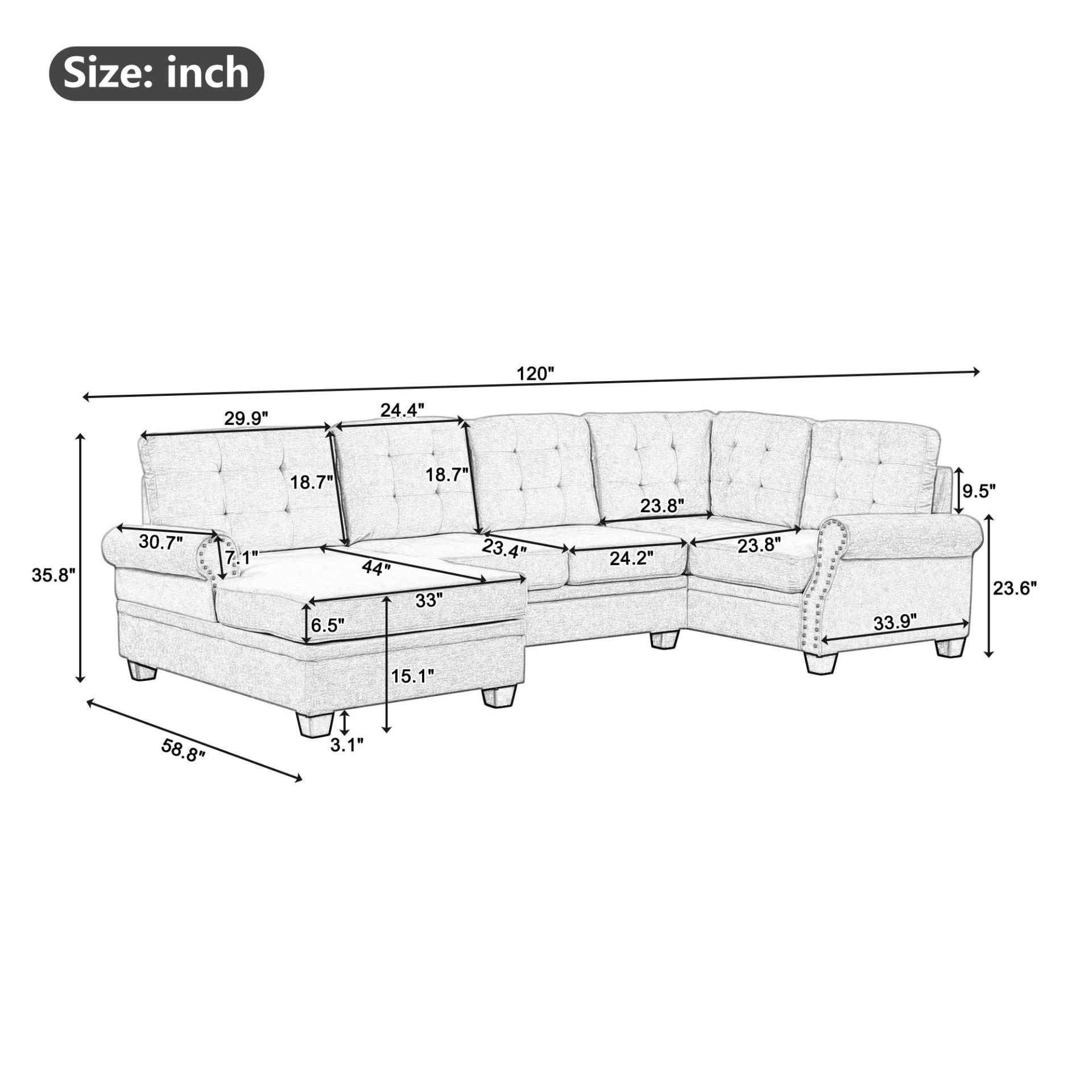 120" Modern U-Shaped Corner Sectional Sofa Upholstered Linen Fabric Sofa Couch - Gray Sensual Secret Boutique