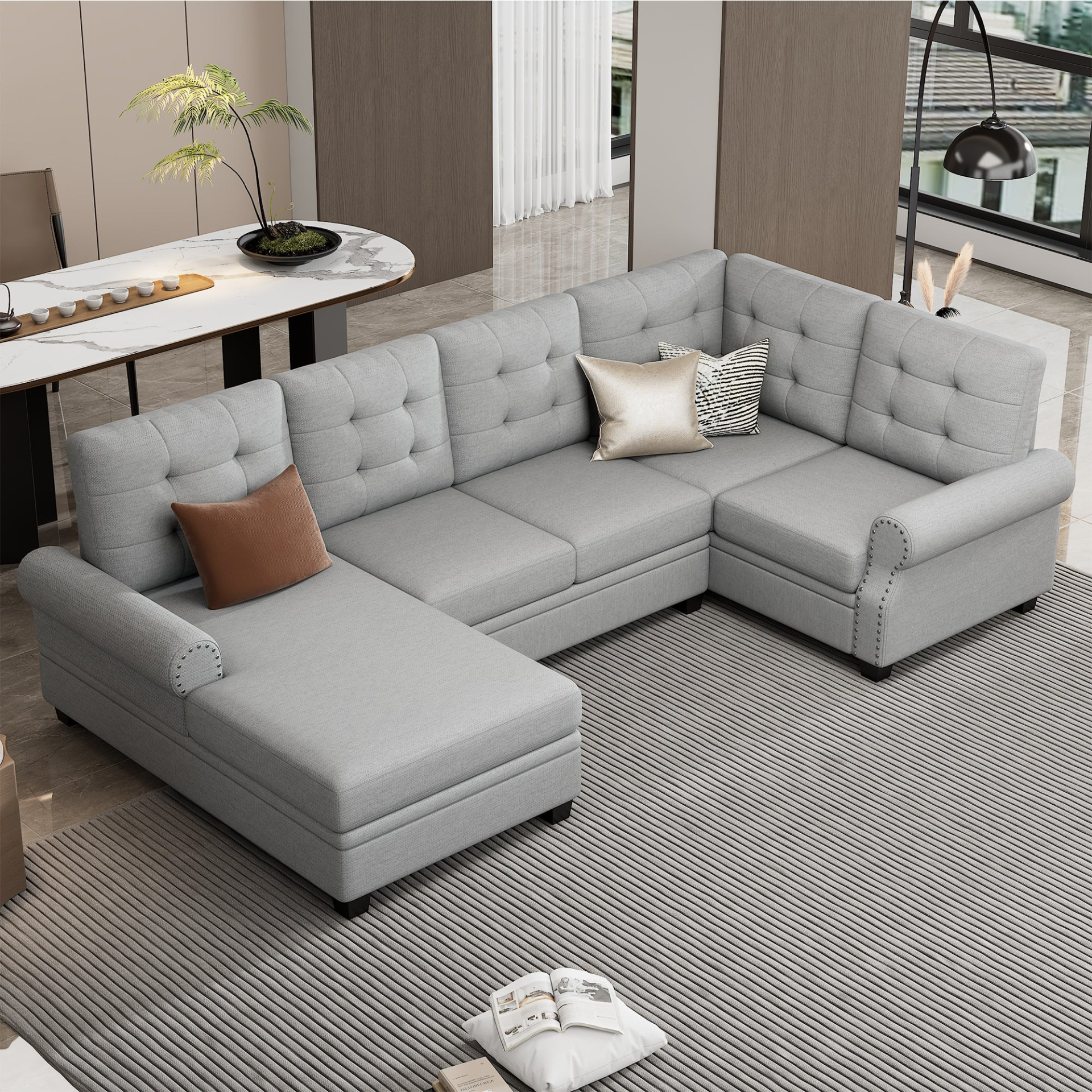 120" Modern U-Shaped Corner Sectional Sofa Upholstered Linen Fabric Sofa Couch - Gray Sensual Secret Boutique