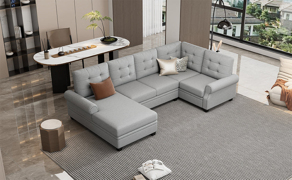 120" Modern U-Shaped Corner Sectional Sofa Upholstered Linen Fabric Sofa Couch - Gray Sensual Secret Boutique