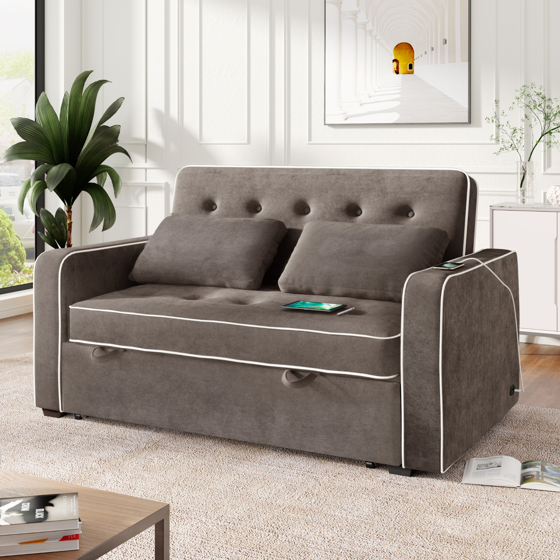 Upgrade Your Living Room with the 65.7" Linen Upholstered Sleeper Bed - Pull Out Sofa Bed Couch with Dual USB Charging Port Sensual Secret Boutique