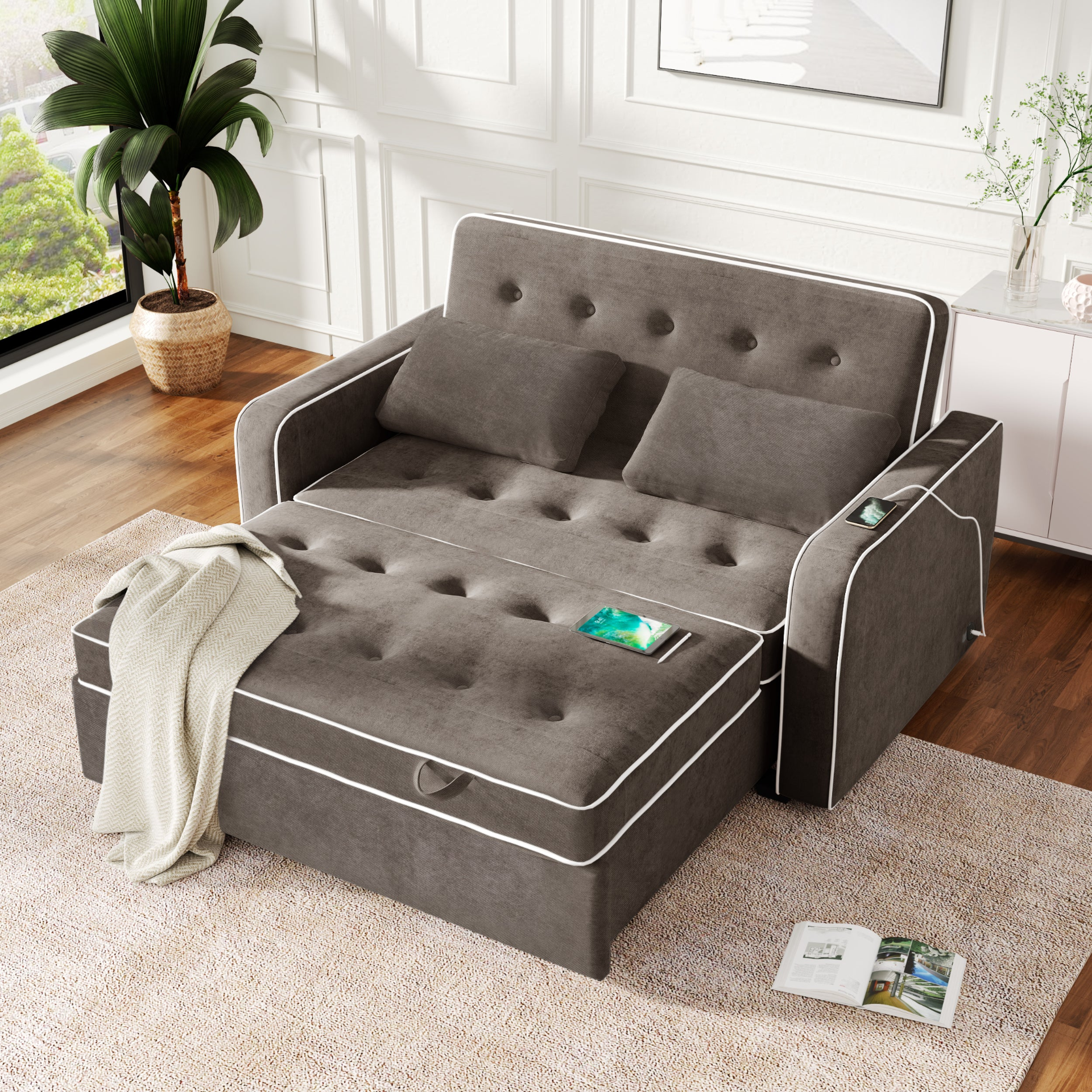 Upgrade Your Living Room with the 65.7" Linen Upholstered Sleeper Bed - Pull Out Sofa Bed Couch with Dual USB Charging Port Sensual Secret Boutique