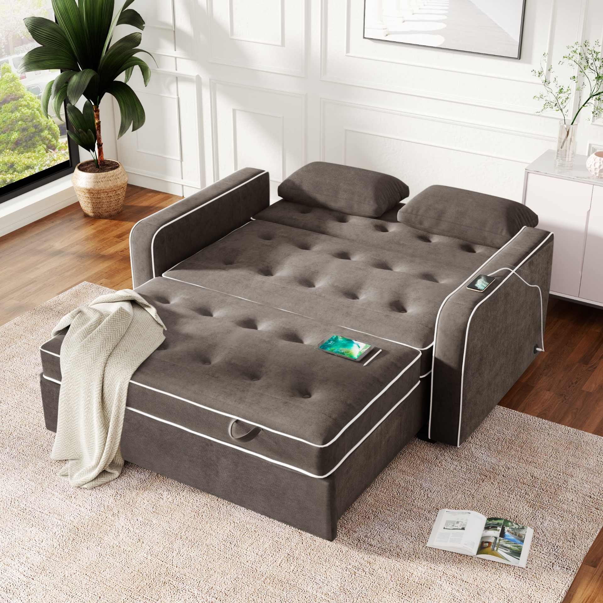 Upgrade Your Living Room with the 65.7" Linen Upholstered Sleeper Bed - Pull Out Sofa Bed Couch with Dual USB Charging Port Sensual Secret Boutique