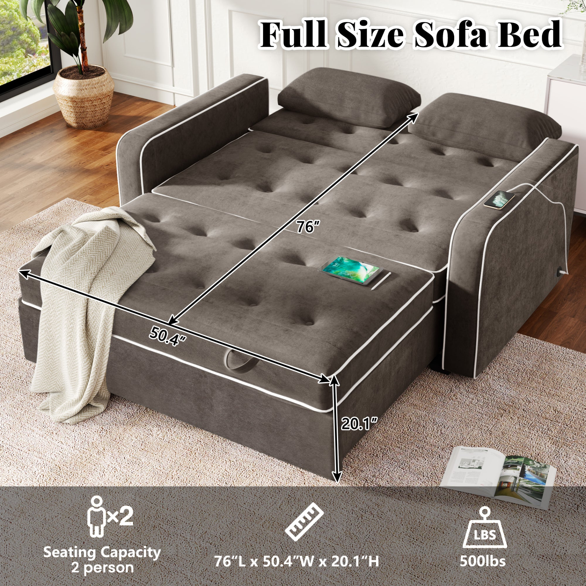 Upgrade Your Living Room with the 65.7" Linen Upholstered Sleeper Bed - Pull Out Sofa Bed Couch with Dual USB Charging Port Sensual Secret Boutique