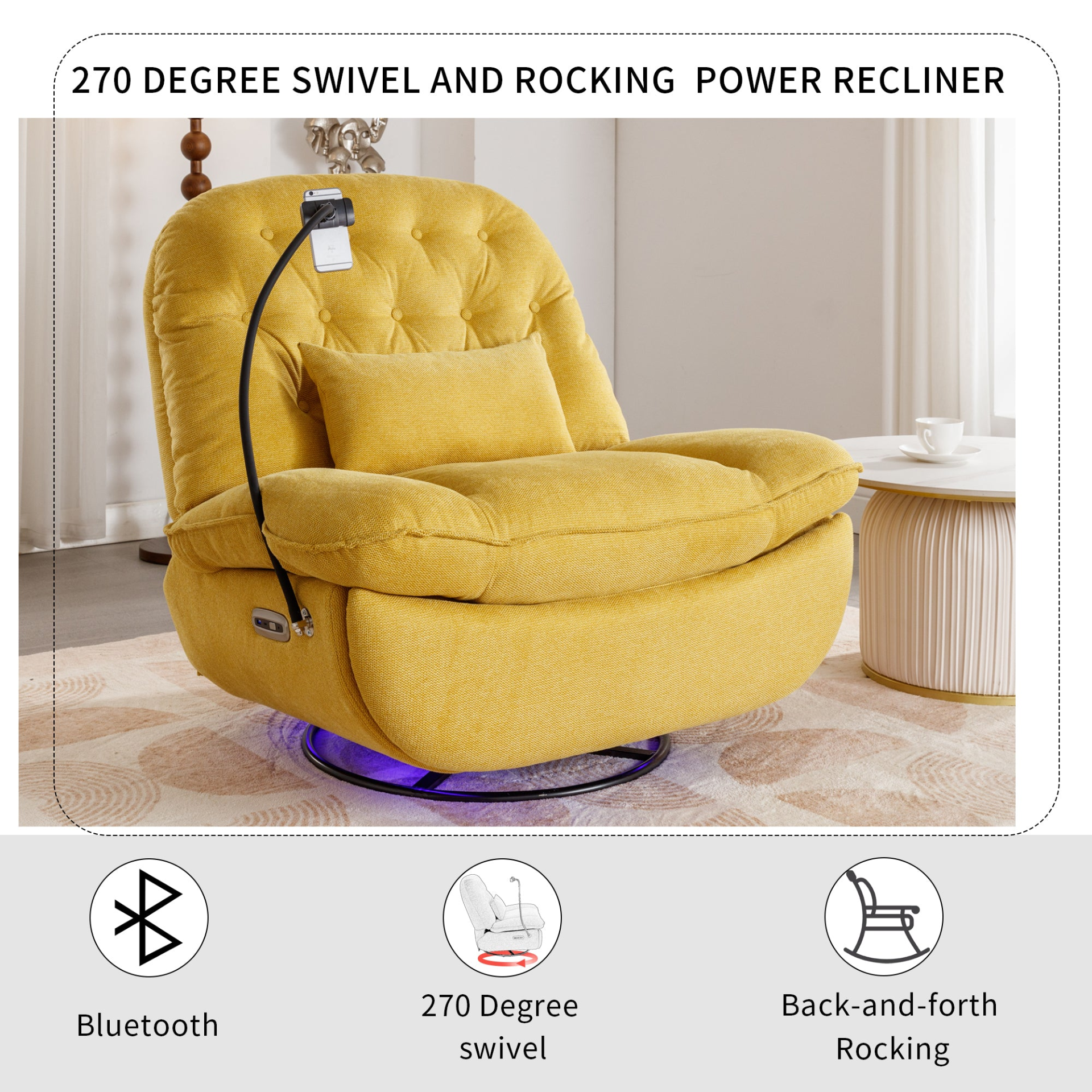 270 Degree Swivel Power Recliner with Voice Control, Bluetooth Music Player, USB Ports, Atmosphere Lamp, Hidden Arm Storage and Mobile Phone Holder - Yellow Sensual Secret Boutique