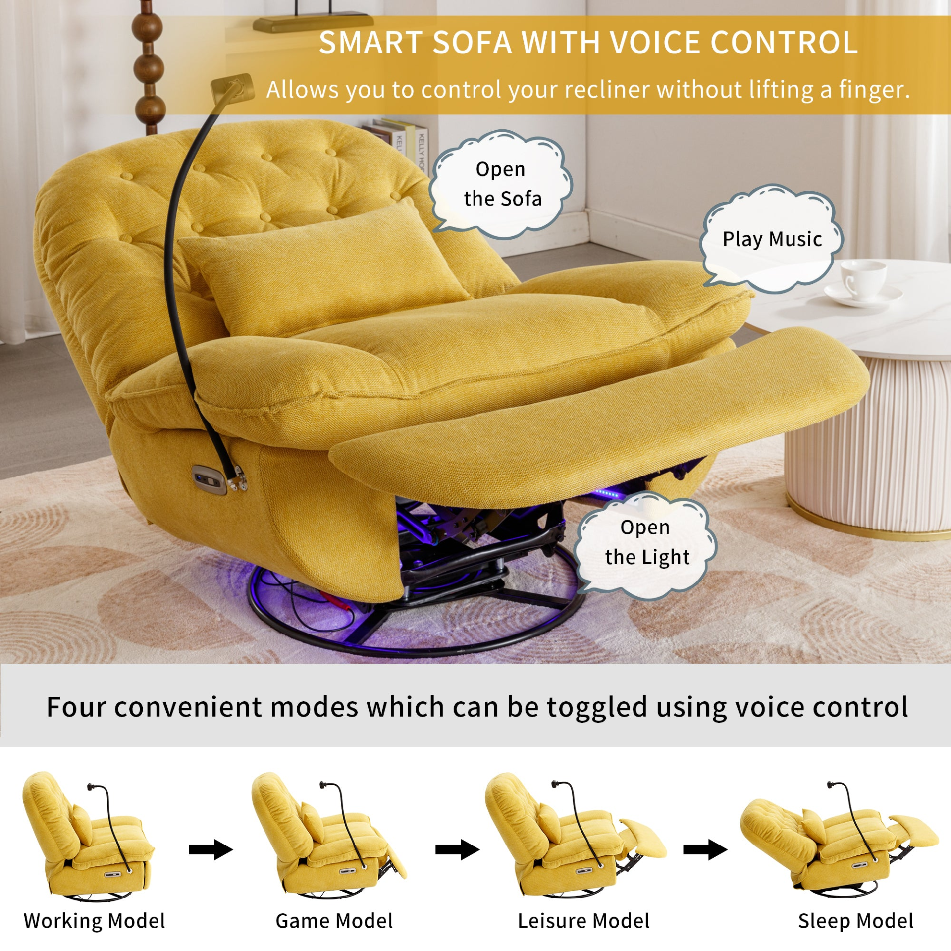 270 Degree Swivel Power Recliner with Voice Control, Bluetooth Music Player, USB Ports, Atmosphere Lamp, Hidden Arm Storage and Mobile Phone Holder - Yellow Sensual Secret Boutique