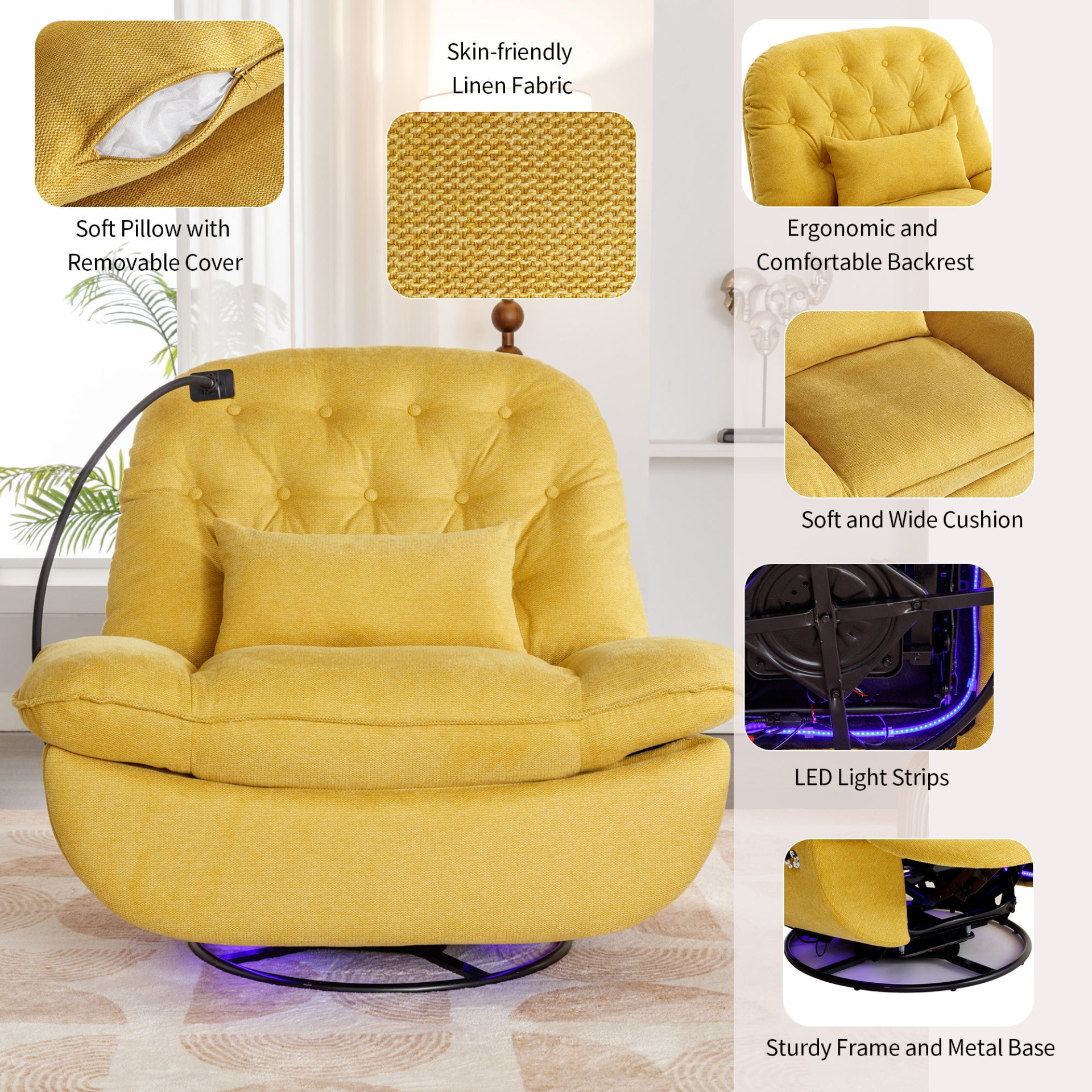 270 Degree Swivel Power Recliner with Voice Control, Bluetooth Music Player, USB Ports, Atmosphere Lamp, Hidden Arm Storage and Mobile Phone Holder - Yellow Sensual Secret Boutique