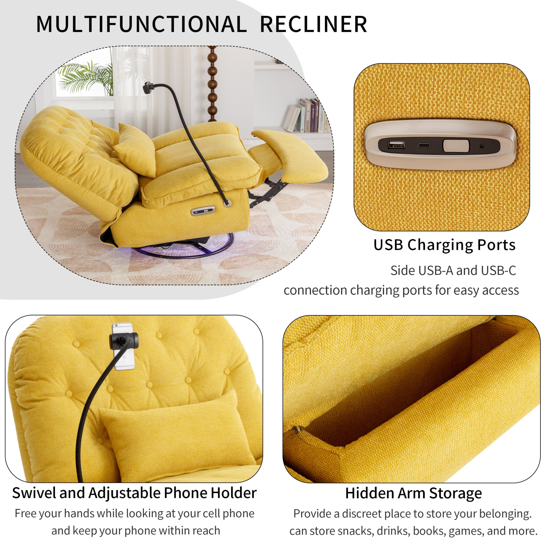 270 Degree Swivel Power Recliner with Voice Control, Bluetooth Music Player, USB Ports, Atmosphere Lamp, Hidden Arm Storage and Mobile Phone Holder - Yellow Sensual Secret Boutique