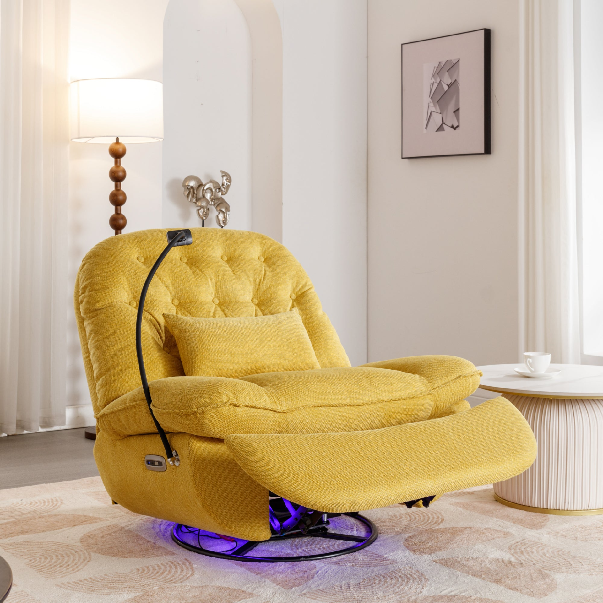 270 Degree Swivel Power Recliner with Voice Control, Bluetooth Music Player, USB Ports, Atmosphere Lamp, Hidden Arm Storage and Mobile Phone Holder - Yellow Sensual Secret Boutique