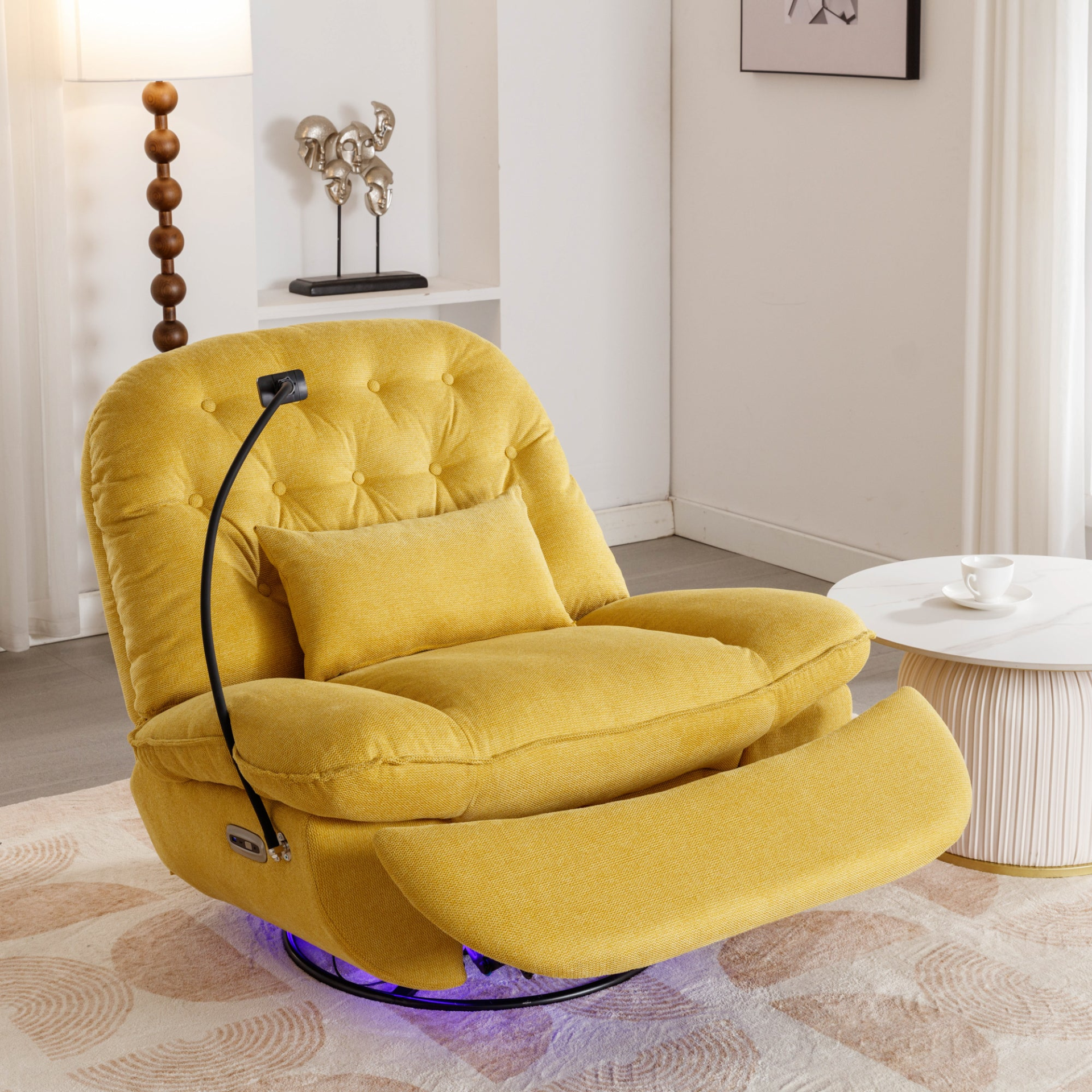 270 Degree Swivel Power Recliner with Voice Control, Bluetooth Music Player, USB Ports, Atmosphere Lamp, Hidden Arm Storage and Mobile Phone Holder - Yellow Sensual Secret Boutique