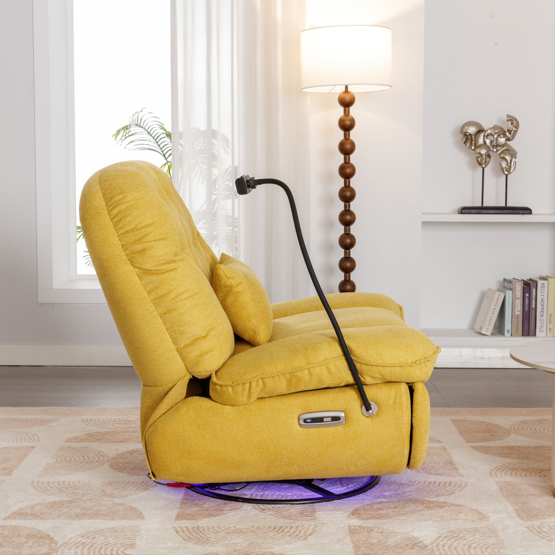 270 Degree Swivel Power Recliner with Voice Control, Bluetooth Music Player, USB Ports, Atmosphere Lamp, Hidden Arm Storage and Mobile Phone Holder - Yellow Sensual Secret Boutique