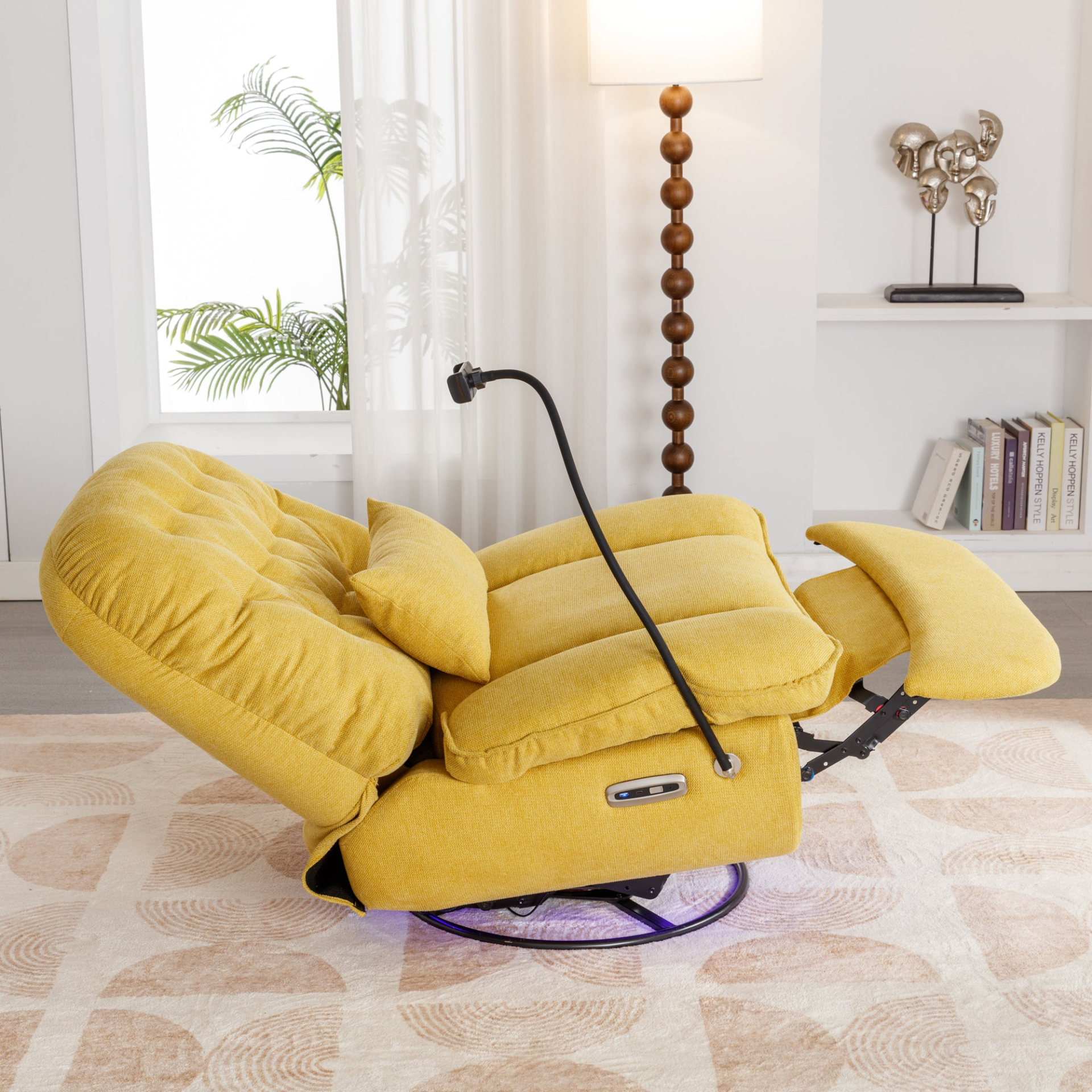 270 Degree Swivel Power Recliner with Voice Control, Bluetooth Music Player, USB Ports, Atmosphere Lamp, Hidden Arm Storage and Mobile Phone Holder - Yellow Sensual Secret Boutique