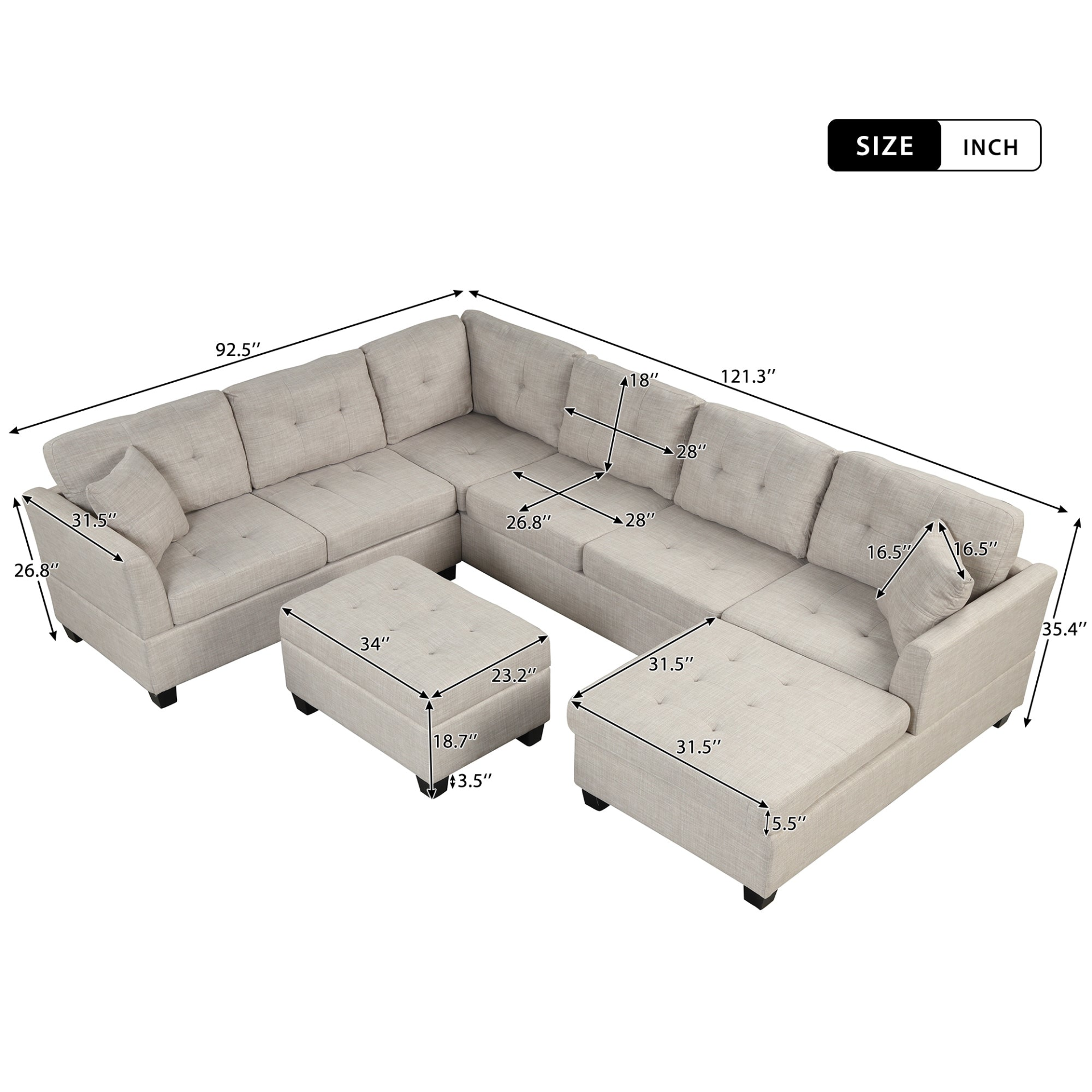 121.3" Oversized Sectional Sofa with Storage Ottoman, U Shaped Sectional Couch with 2 Throw Pillows for Large Space Dorm Apartment Sensual Secret Boutique