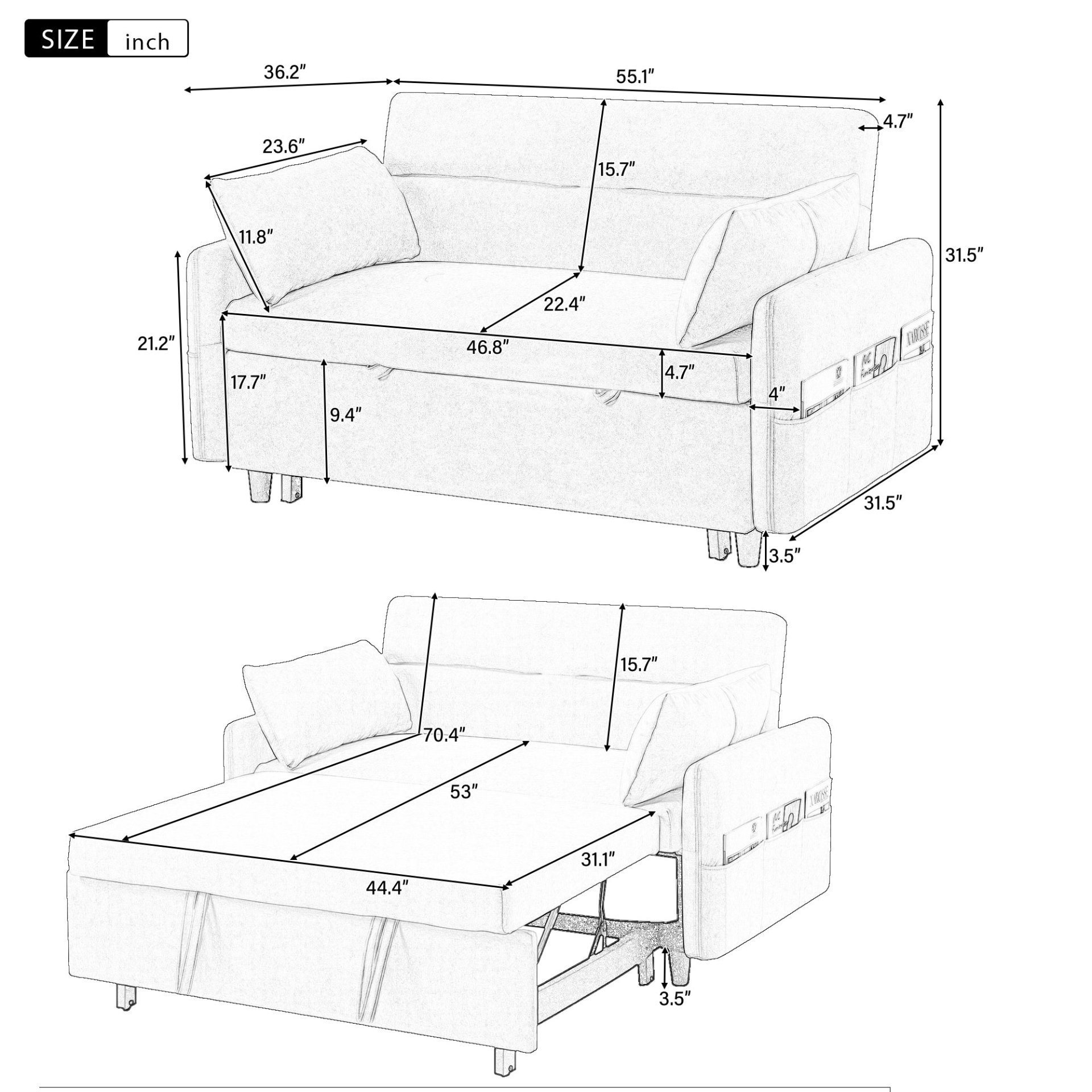 55.1" Pull Out Sleep Sofa Bed Loveseats Sofa Couch with Adjsutable Backrest, Storage Pockets, 2 Soft Pillows, USB Ports - Blue Sensual Secret Boutique