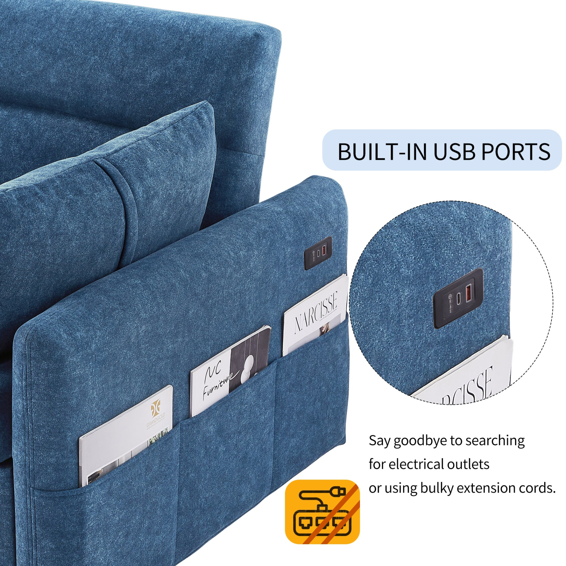 55.1" Pull Out Sleep Sofa Bed Loveseats Sofa Couch with Adjsutable Backrest, Storage Pockets, 2 Soft Pillows, USB Ports - Blue Sensual Secret Boutique