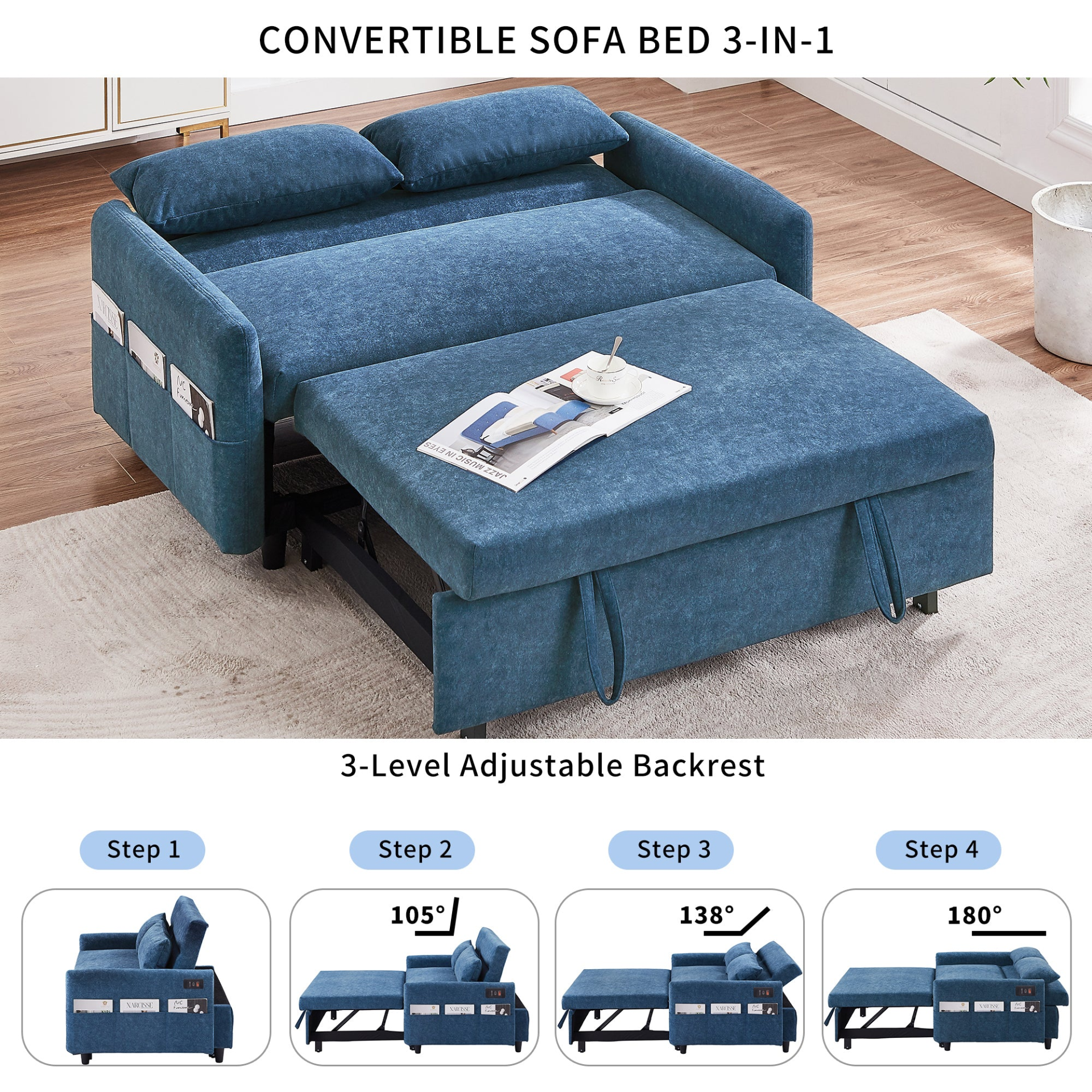 55.1" Pull Out Sleep Sofa Bed Loveseats Sofa Couch with Adjsutable Backrest, Storage Pockets, 2 Soft Pillows, USB Ports - Blue Sensual Secret Boutique