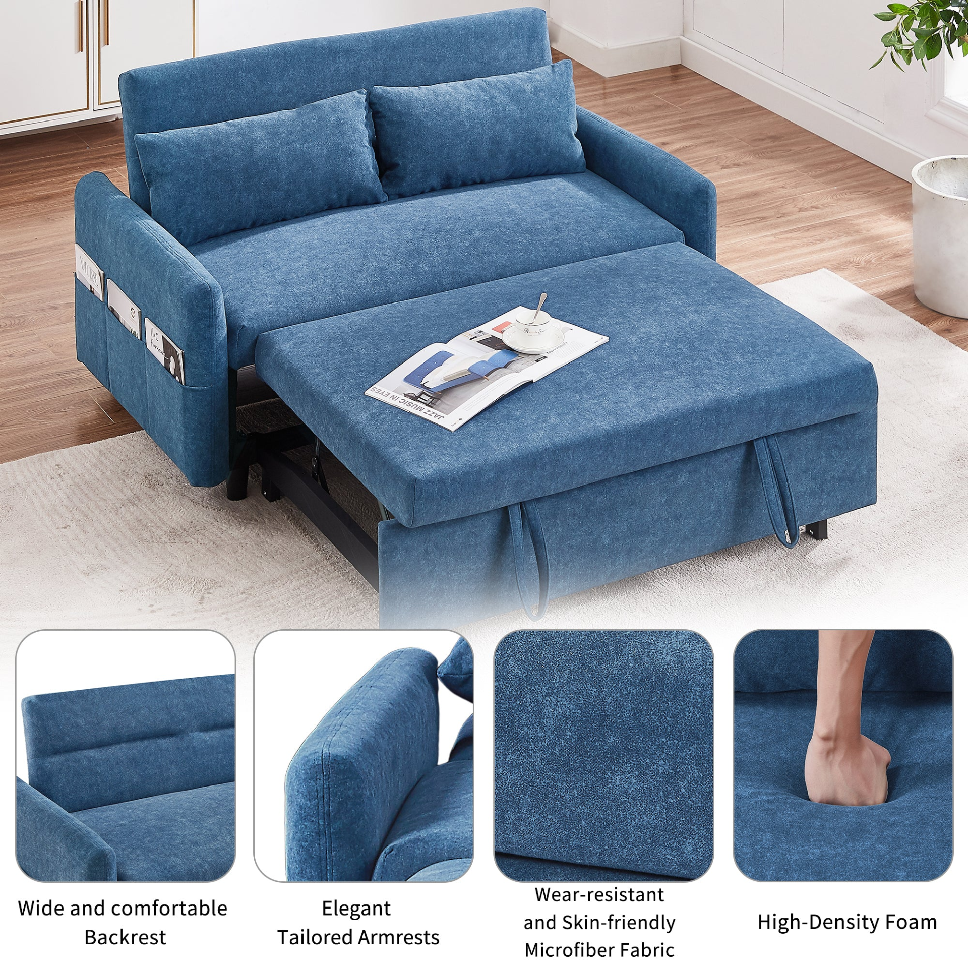 55.1" Pull Out Sleep Sofa Bed Loveseats Sofa Couch with Adjsutable Backrest, Storage Pockets, 2 Soft Pillows, USB Ports - Blue Sensual Secret Boutique