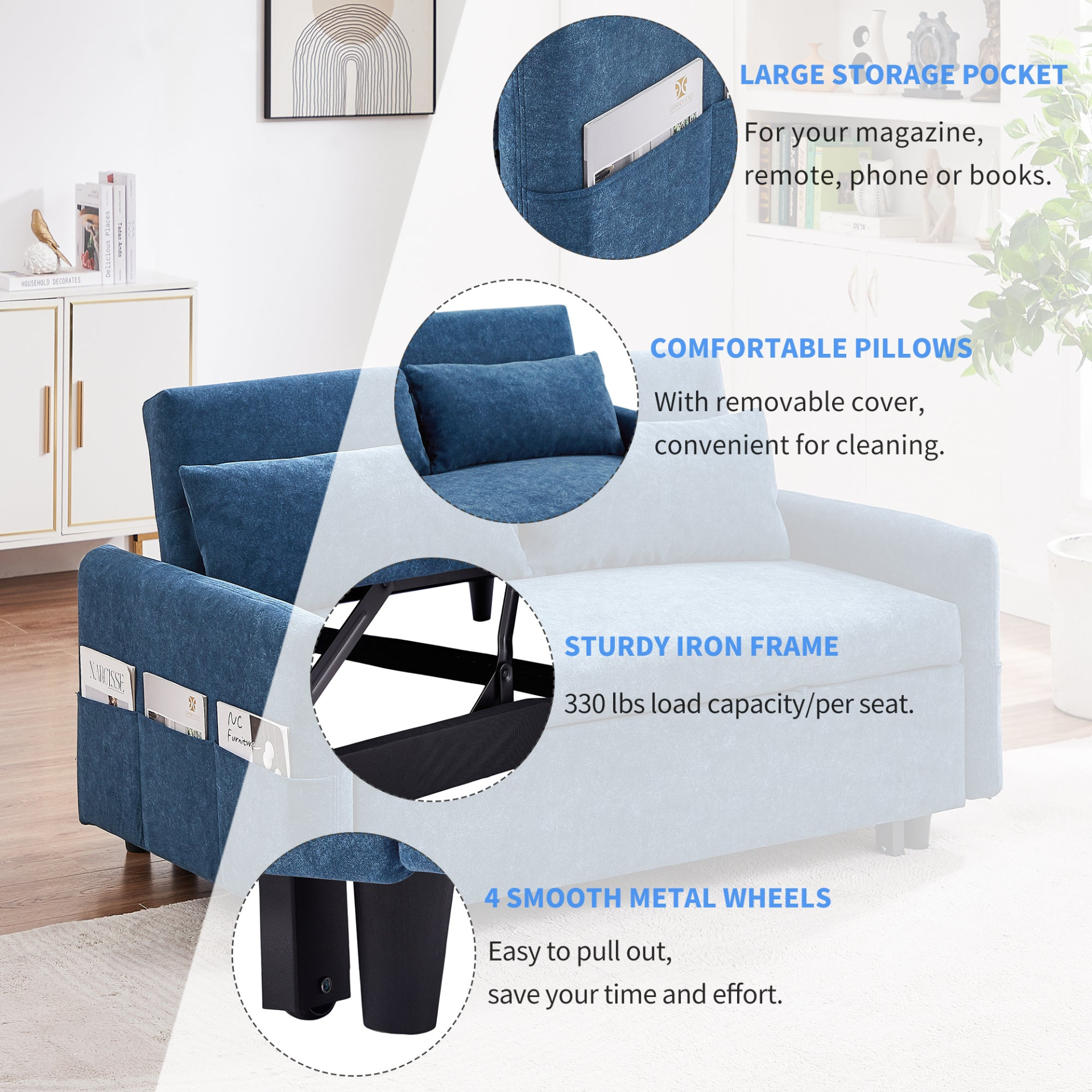 55.1" Pull Out Sleep Sofa Bed Loveseats Sofa Couch with Adjsutable Backrest, Storage Pockets, 2 Soft Pillows, USB Ports - Blue Sensual Secret Boutique