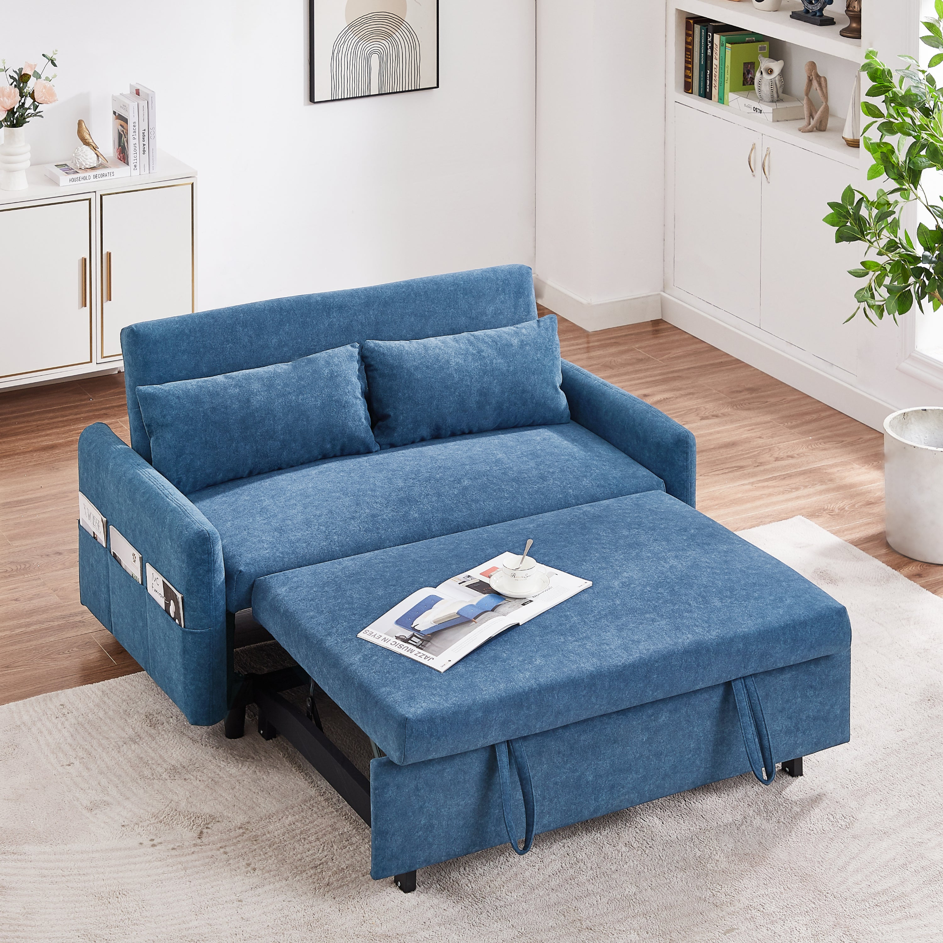 55.1" Pull Out Sleep Sofa Bed Loveseats Sofa Couch with Adjsutable Backrest, Storage Pockets, 2 Soft Pillows, USB Ports - Blue Sensual Secret Boutique