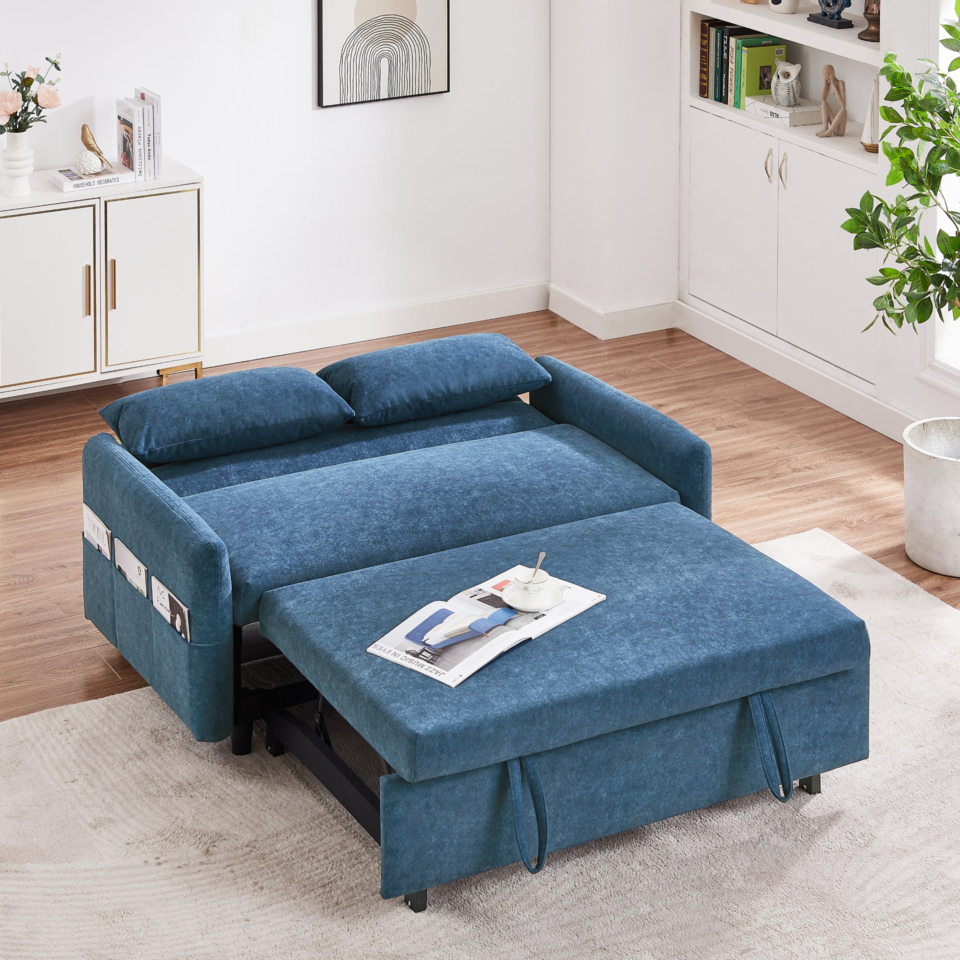 55.1" Pull Out Sleep Sofa Bed Loveseats Sofa Couch with Adjsutable Backrest, Storage Pockets, 2 Soft Pillows, USB Ports - Blue Sensual Secret Boutique