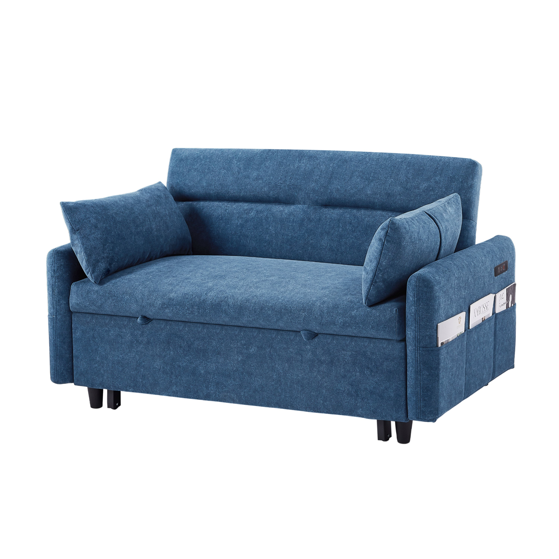 55.1" Pull Out Sleep Sofa Bed Loveseats Sofa Couch with Adjsutable Backrest, Storage Pockets, 2 Soft Pillows, USB Ports - Blue Sensual Secret Boutique