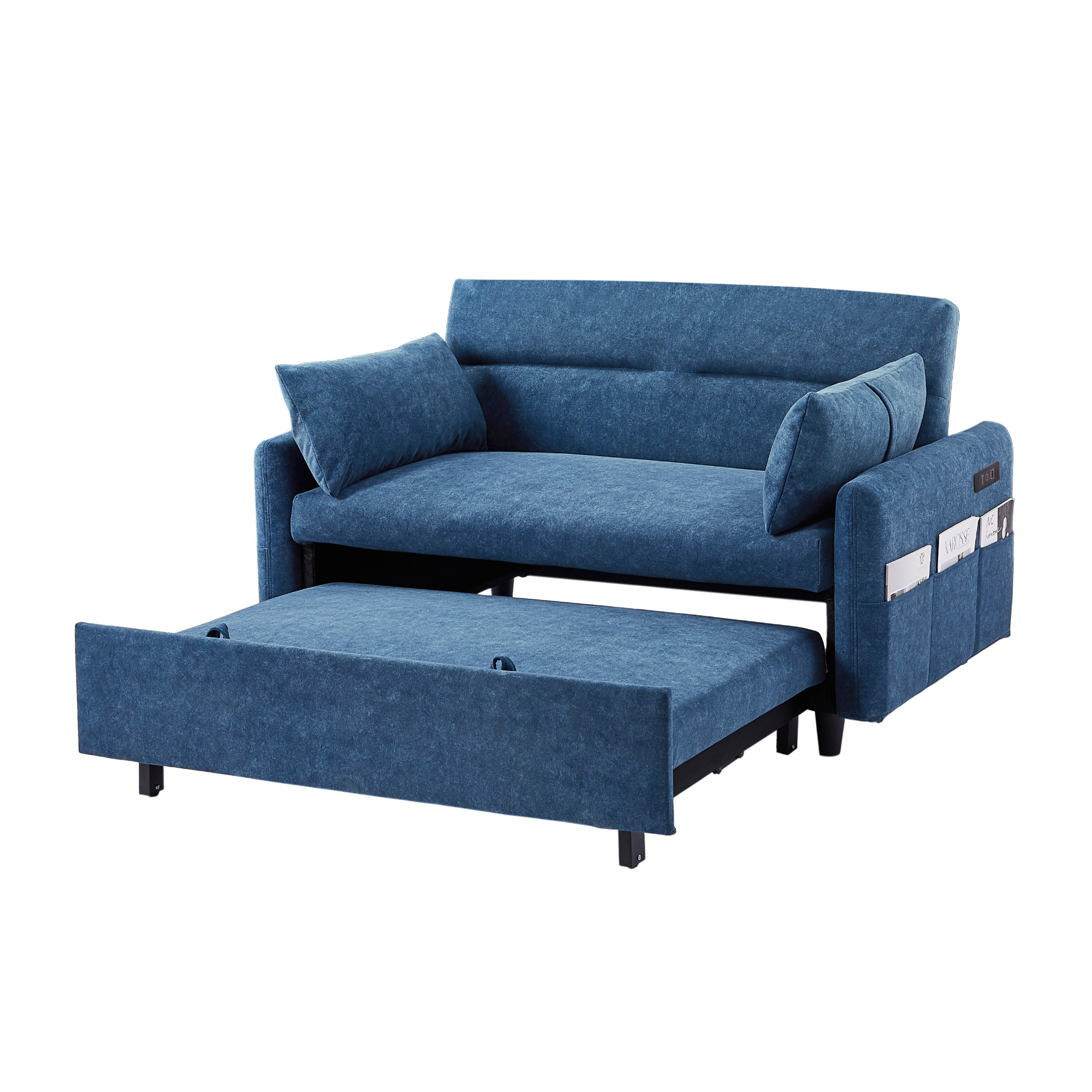 55.1" Pull Out Sleep Sofa Bed Loveseats Sofa Couch with Adjsutable Backrest, Storage Pockets, 2 Soft Pillows, USB Ports - Blue Sensual Secret Boutique