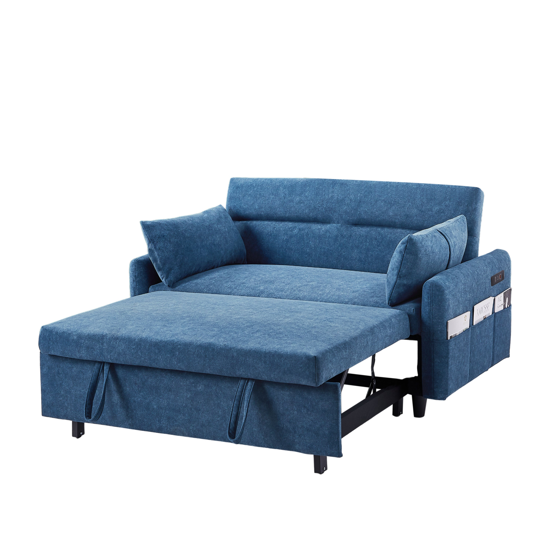 55.1" Pull Out Sleep Sofa Bed Loveseats Sofa Couch with Adjsutable Backrest, Storage Pockets, 2 Soft Pillows, USB Ports - Blue Sensual Secret Boutique