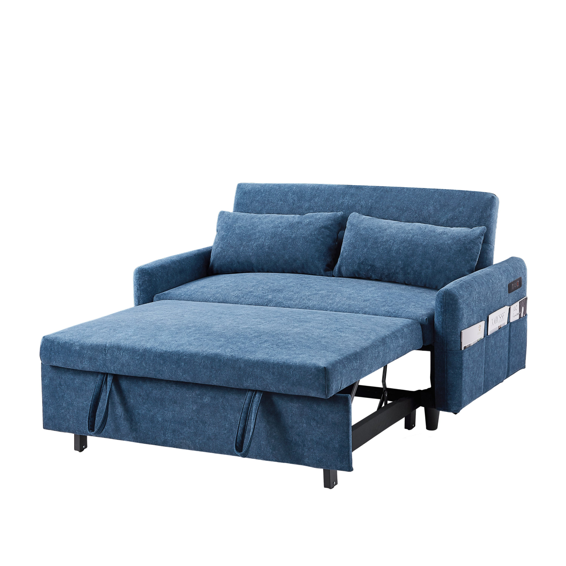 55.1" Pull Out Sleep Sofa Bed Loveseats Sofa Couch with Adjsutable Backrest, Storage Pockets, 2 Soft Pillows, USB Ports - Blue Sensual Secret Boutique