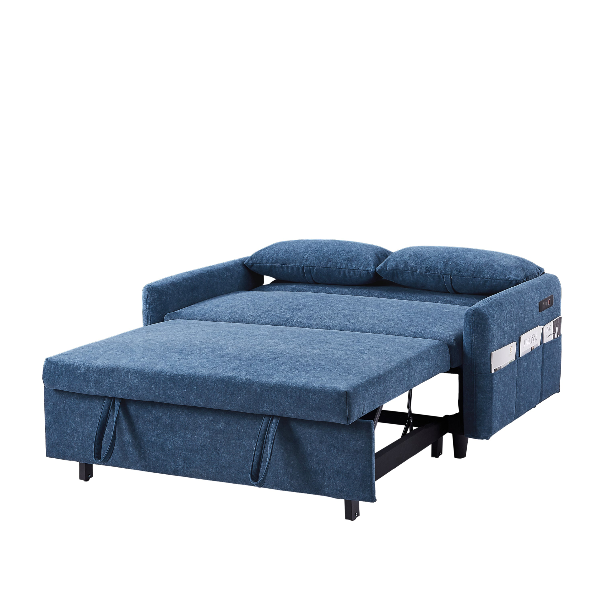 55.1" Pull Out Sleep Sofa Bed Loveseats Sofa Couch with Adjsutable Backrest, Storage Pockets, 2 Soft Pillows, USB Ports - Blue Sensual Secret Boutique