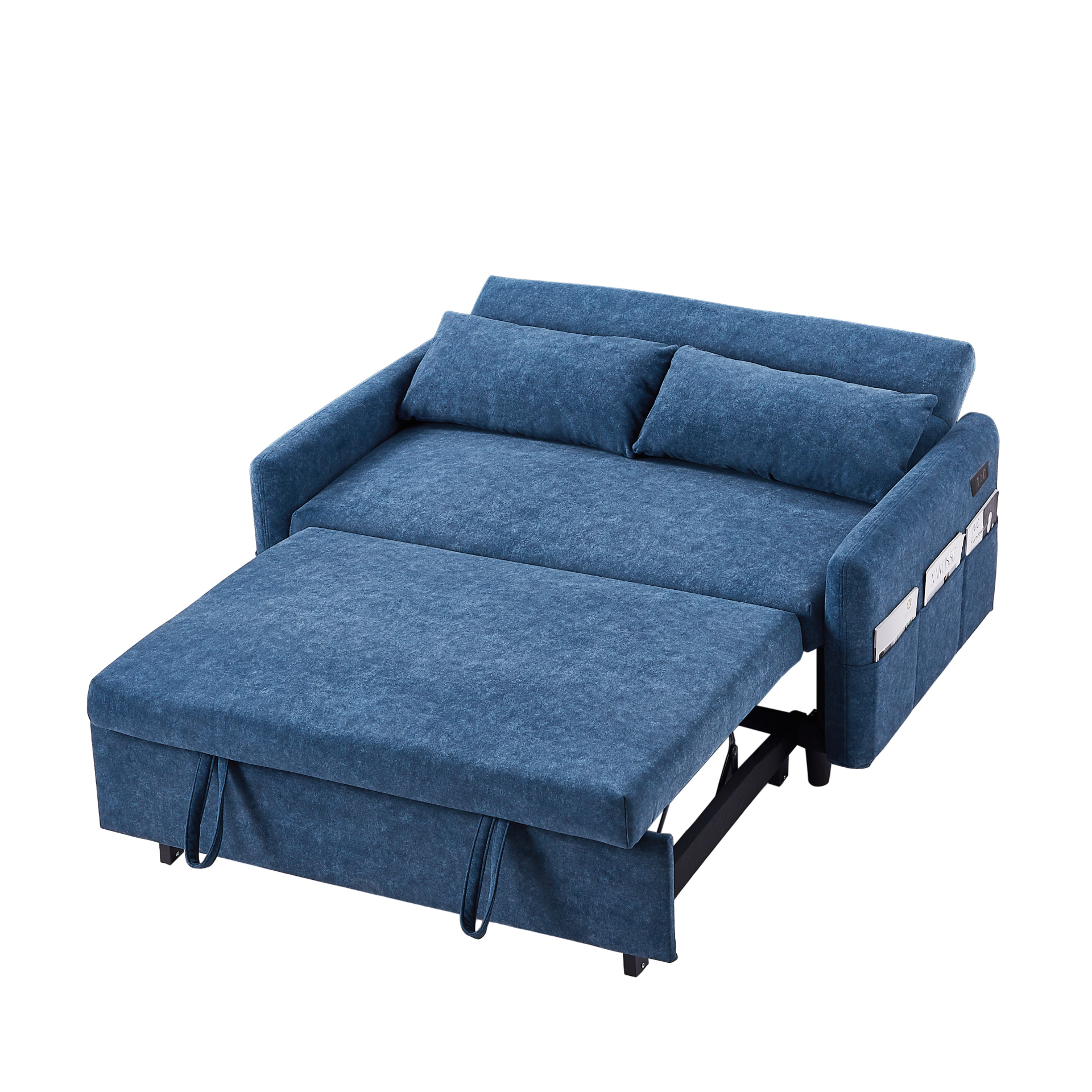 55.1" Pull Out Sleep Sofa Bed Loveseats Sofa Couch with Adjsutable Backrest, Storage Pockets, 2 Soft Pillows, USB Ports - Blue Sensual Secret Boutique